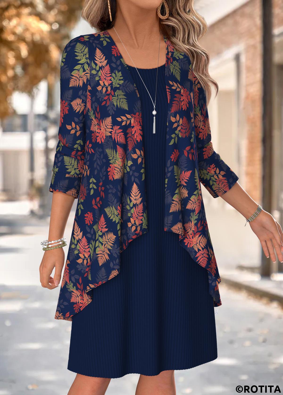 Navy dresses,Plants dresses,Everyday dresses,Casual dresses,ROTITA Navy Leaf Print Two-piece Round Neck Dress and Cardigan