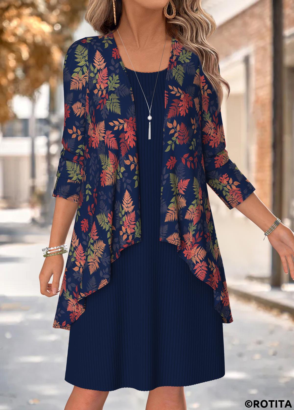 Navy dresses,Plants dresses,Everyday dresses,Casual dresses,ROTITA Navy Leaf Print Two-piece Round Neck Dress and Cardigan