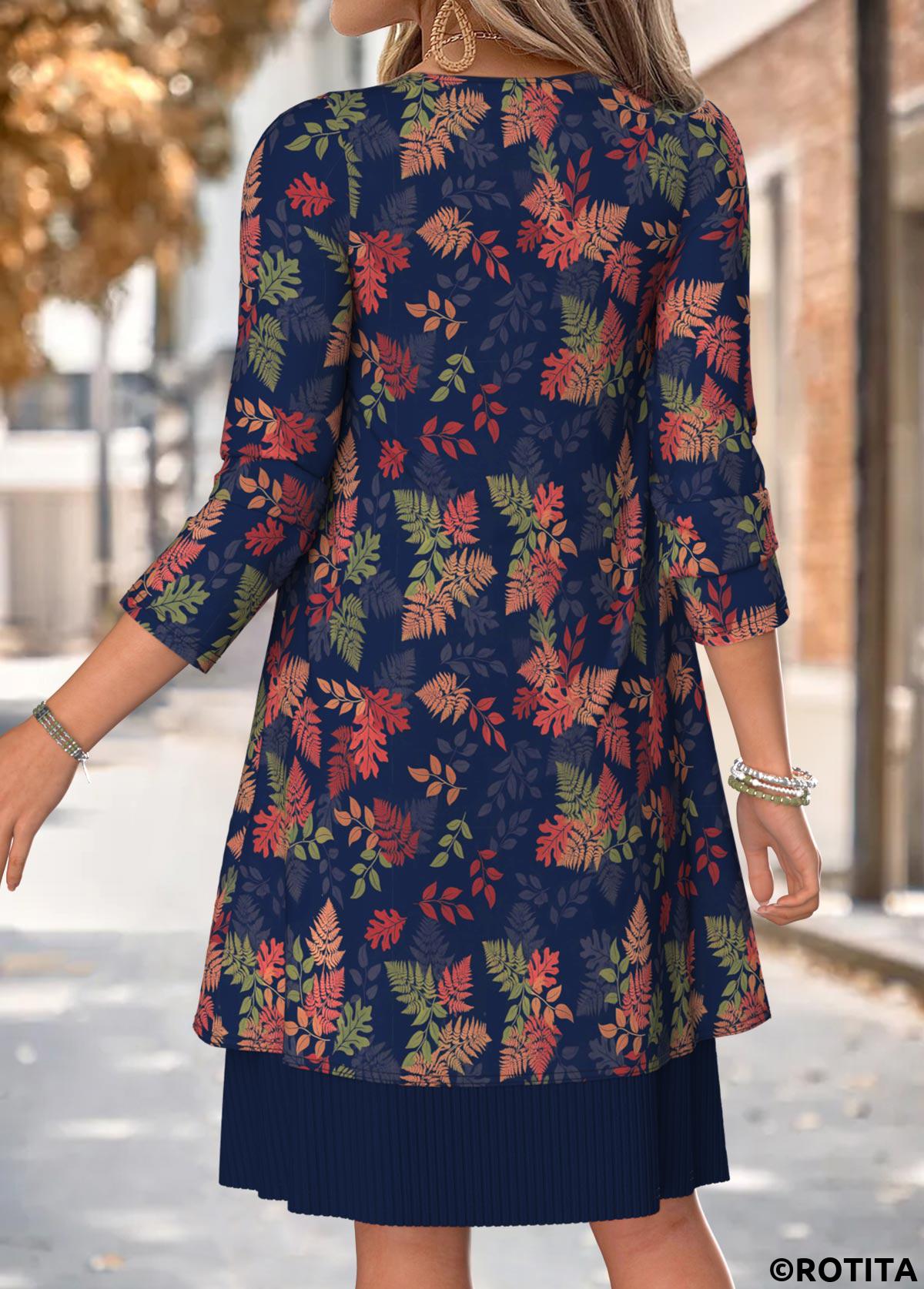 Navy dresses,Plants dresses,Everyday dresses,Casual dresses,ROTITA Navy Leaf Print Two-piece Round Neck Dress and Cardigan