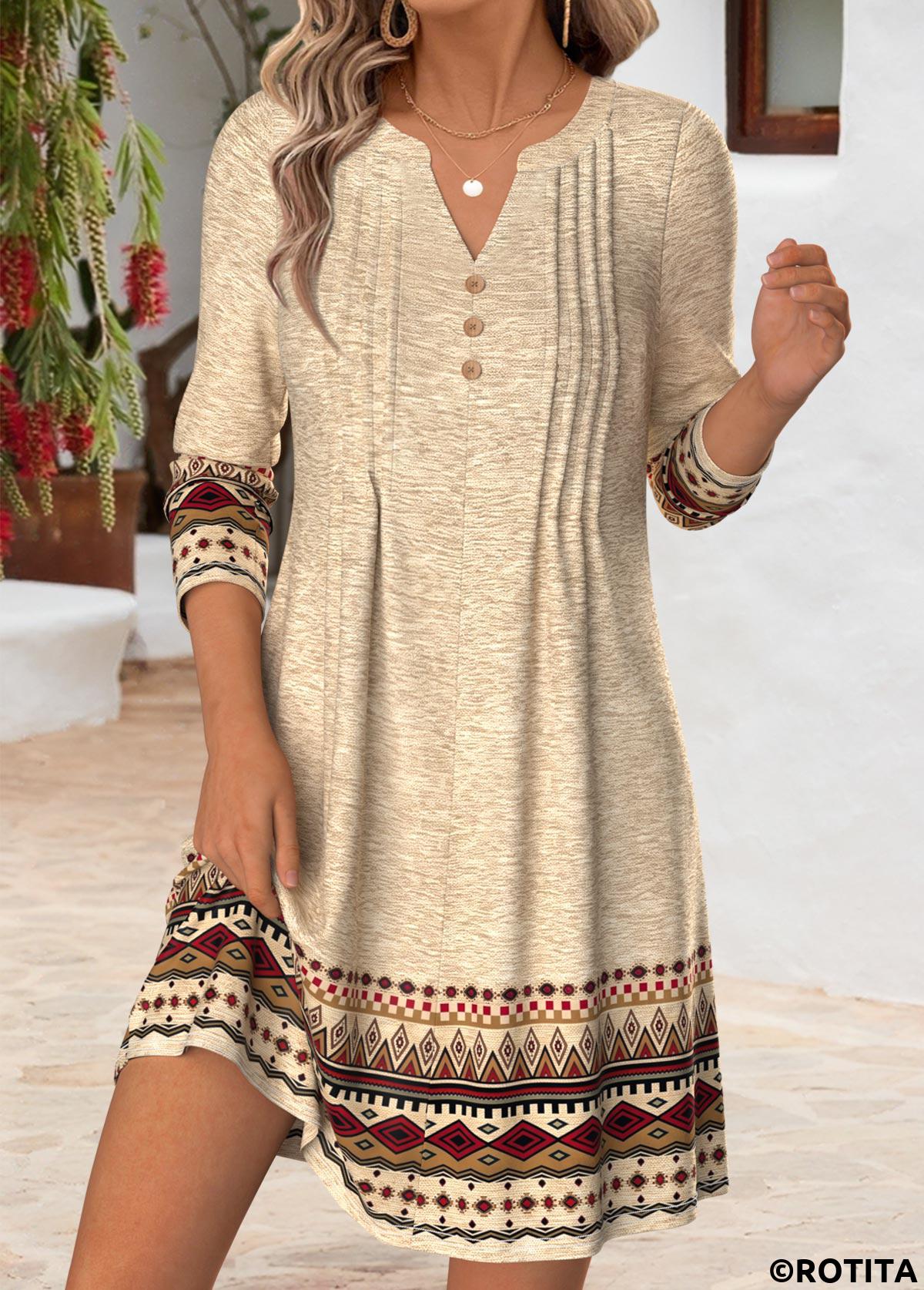 Light Camel dresses,Tribal dresses,Everyday dresses,Casual dresses,ROTITA Light Camel Tribal Print Tuck Stitch Short Dress