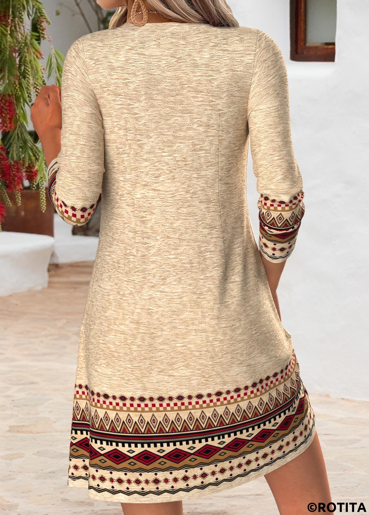 Light Camel dresses,Tribal dresses,Everyday dresses,Casual dresses,ROTITA Light Camel Tribal Print Tuck Stitch Short Dress