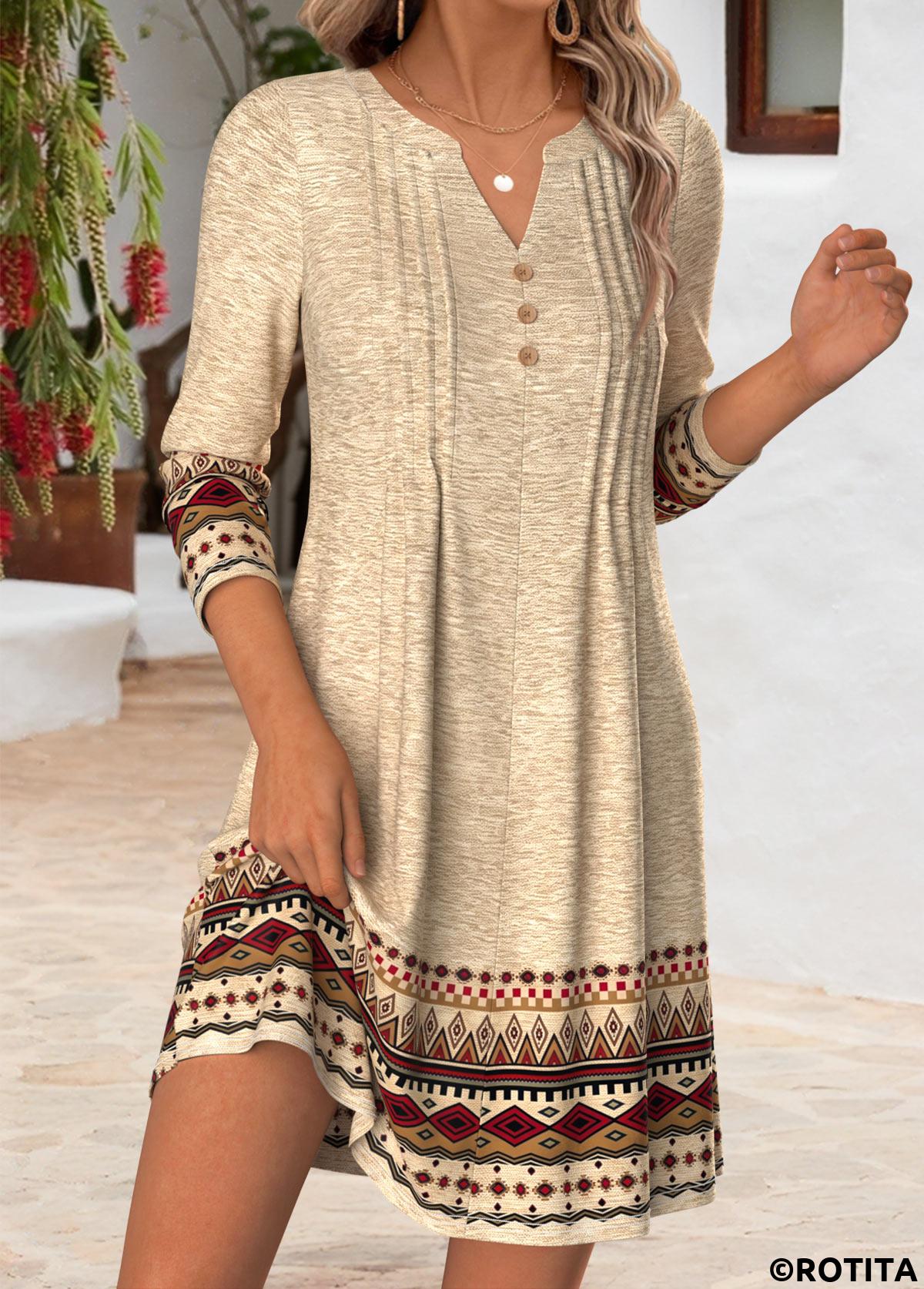 Light Camel dresses,Tribal dresses,Everyday dresses,Casual dresses,ROTITA Light Camel Tribal Print Tuck Stitch Short Dress
