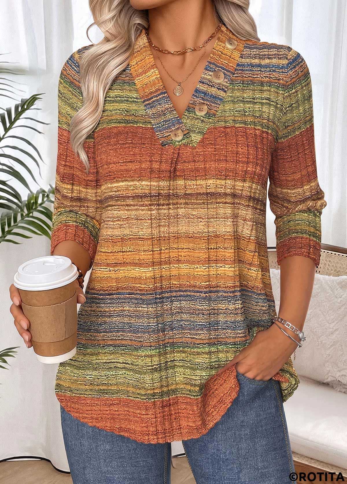 Multi Color tops,Geometric tops,ROTITA Tummy Coverage Geometric Print Multi Color T Shirt