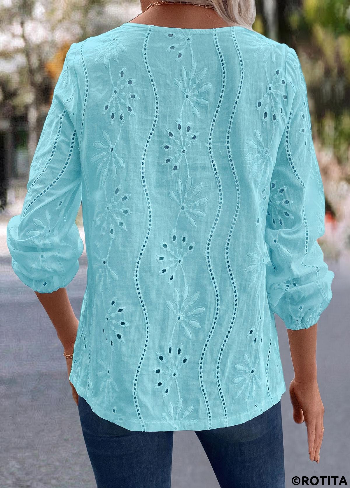 Cyan tops,Plain Color tops,ROTITA Split Detail Blue Long Sleeve Blouse