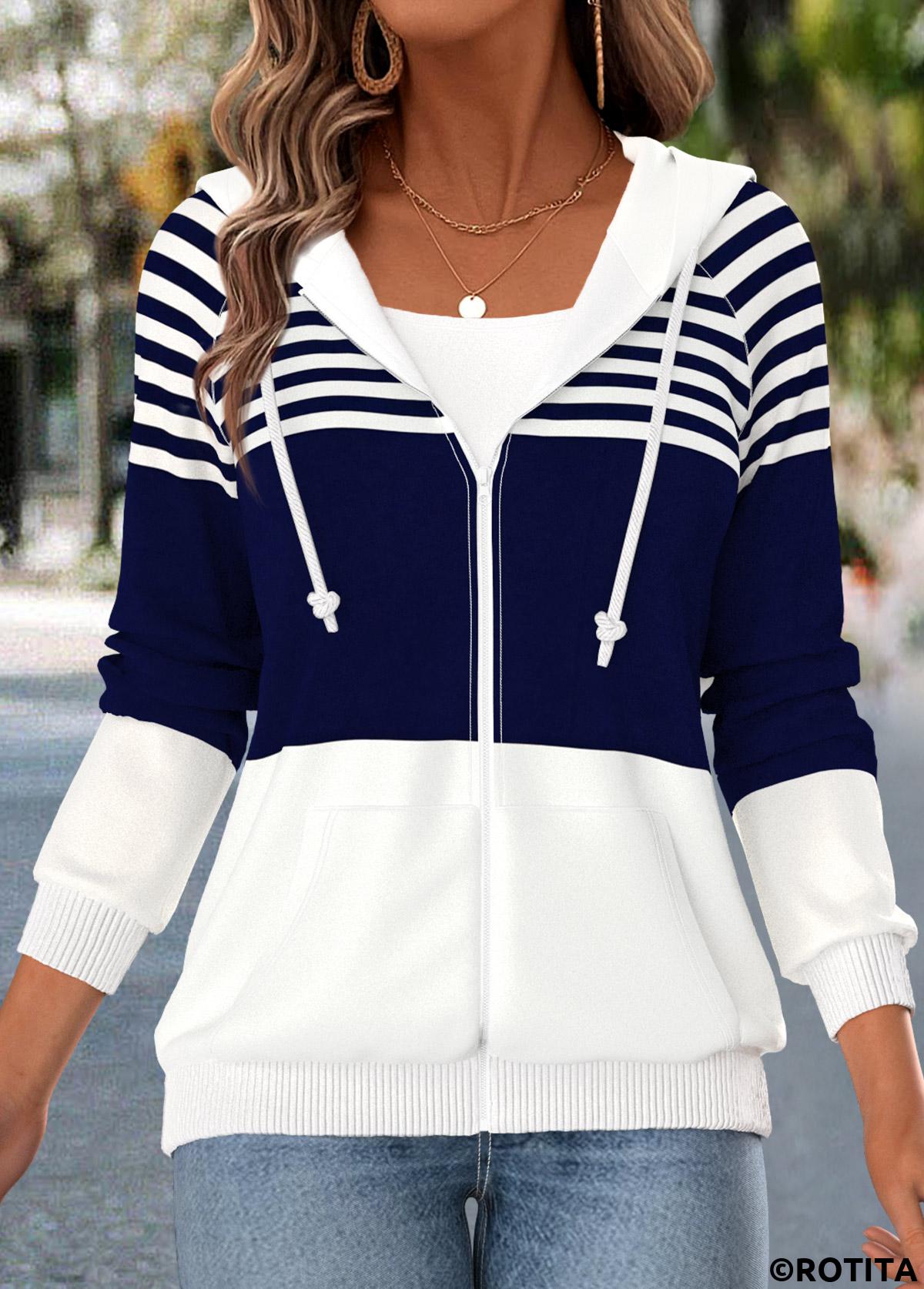 Navy tops,Striped tops,Geometric tops,ROTITA Kangaroo Pocket Striped Navy Coat and Camisole Top