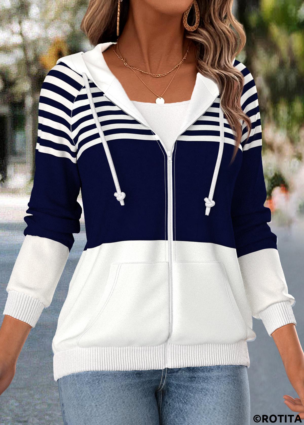 Navy tops,Striped tops,Geometric tops,ROTITA Kangaroo Pocket Striped Navy Coat and Camisole Top