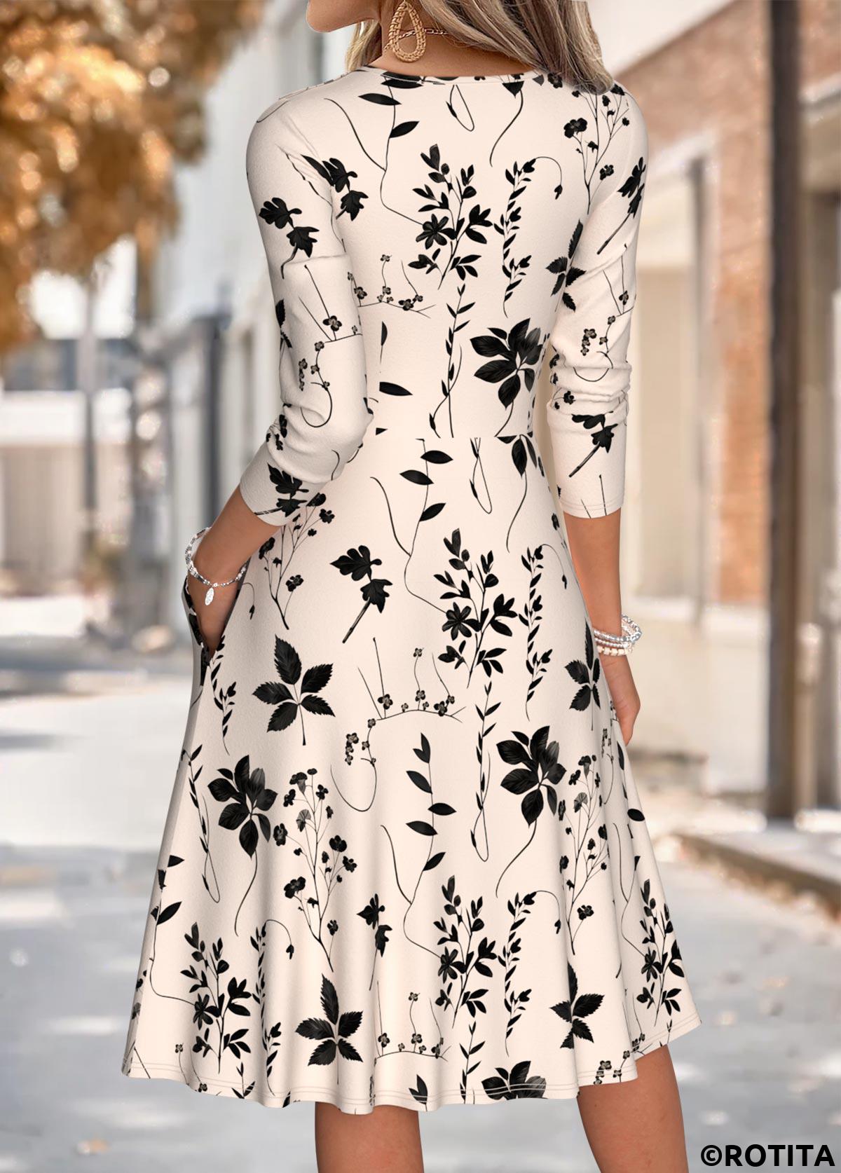 Beige dresses,Plants dresses,Everyday dresses,Casual dresses,ROTITA Beige Leaf Print Shirred V Neck Long Sleeve Dress