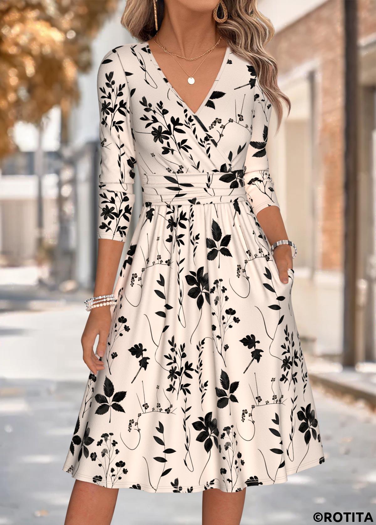 Beige dresses,Plants dresses,Everyday dresses,Casual dresses,ROTITA Beige Leaf Print Shirred V Neck Long Sleeve Dress