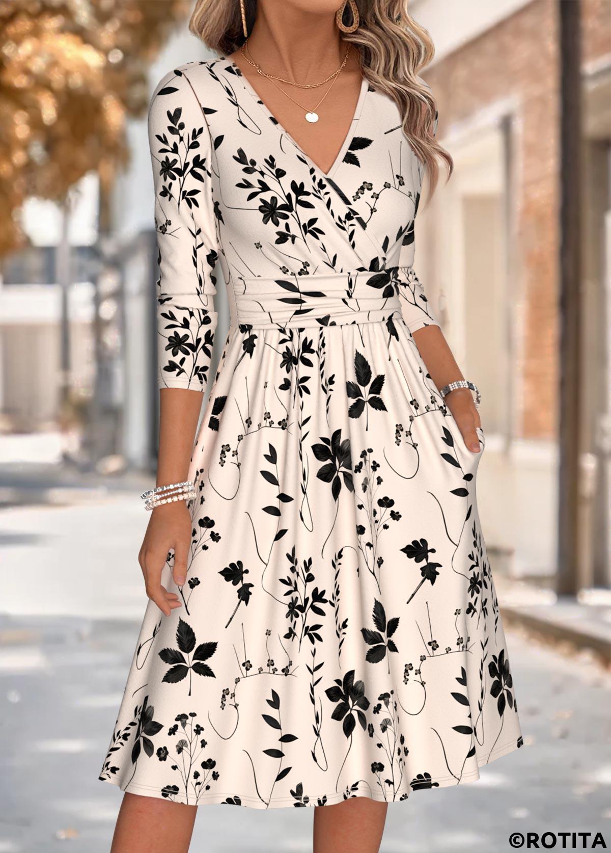 Beige dresses,Plants dresses,Everyday dresses,Casual dresses,ROTITA Beige Leaf Print Shirred V Neck Long Sleeve Dress