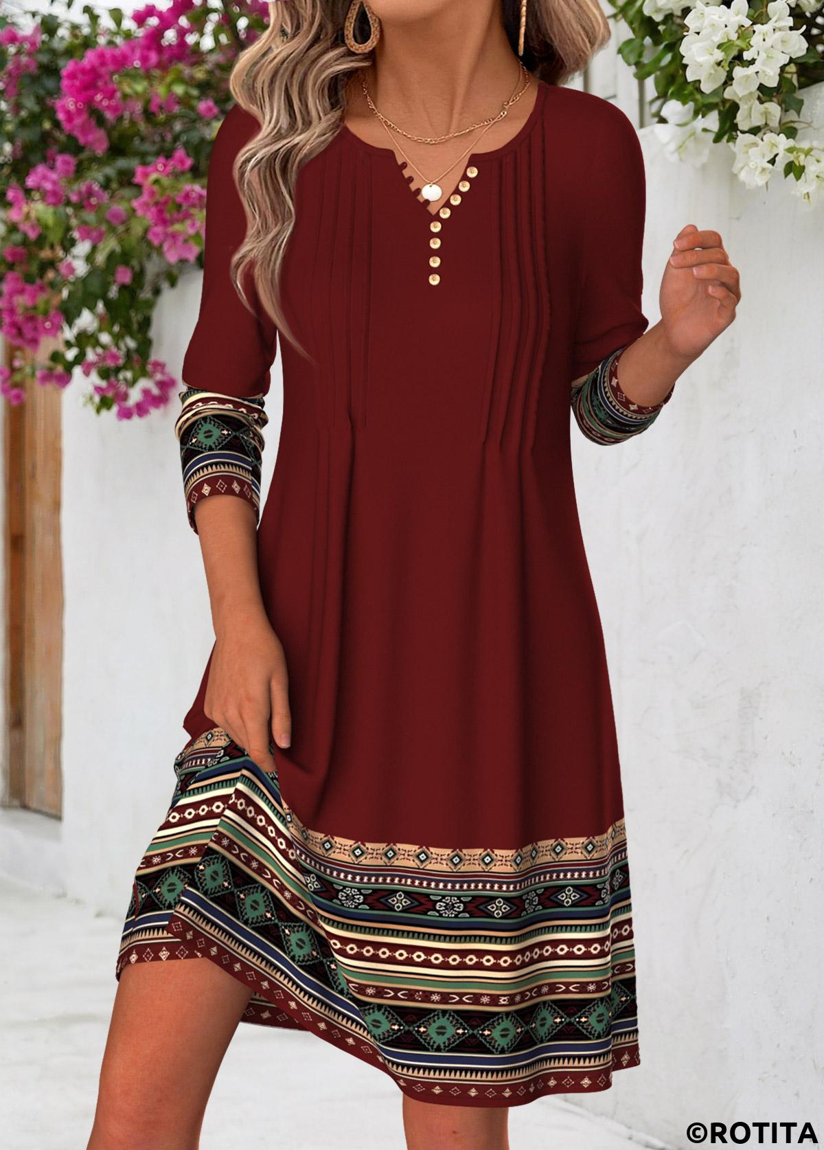Deep Red dresses,Tribal dresses,Everyday dresses,Casual dresses,ROTITA Deep Red Tribal Print Tuck Stitch Short Dress