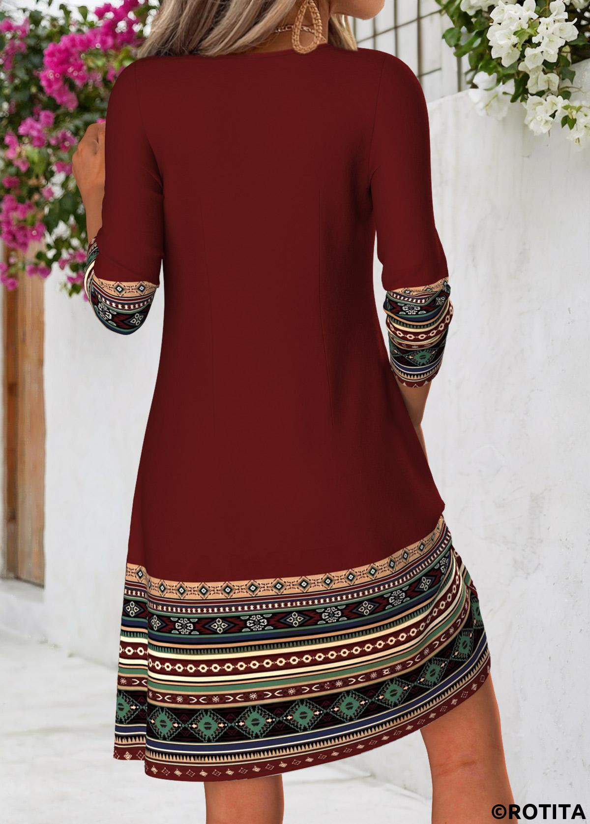 Deep Red dresses,Tribal dresses,Everyday dresses,Casual dresses,ROTITA Deep Red Tribal Print Tuck Stitch Short Dress