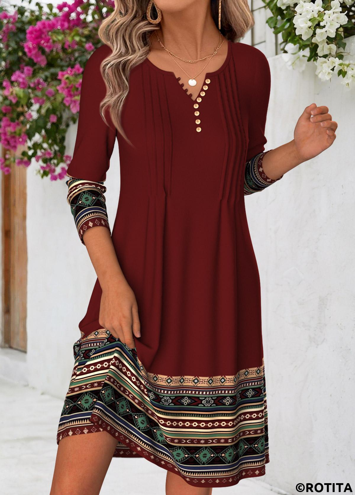 Deep Red dresses,Tribal dresses,Everyday dresses,Casual dresses,ROTITA Deep Red Tribal Print Tuck Stitch Short Dress