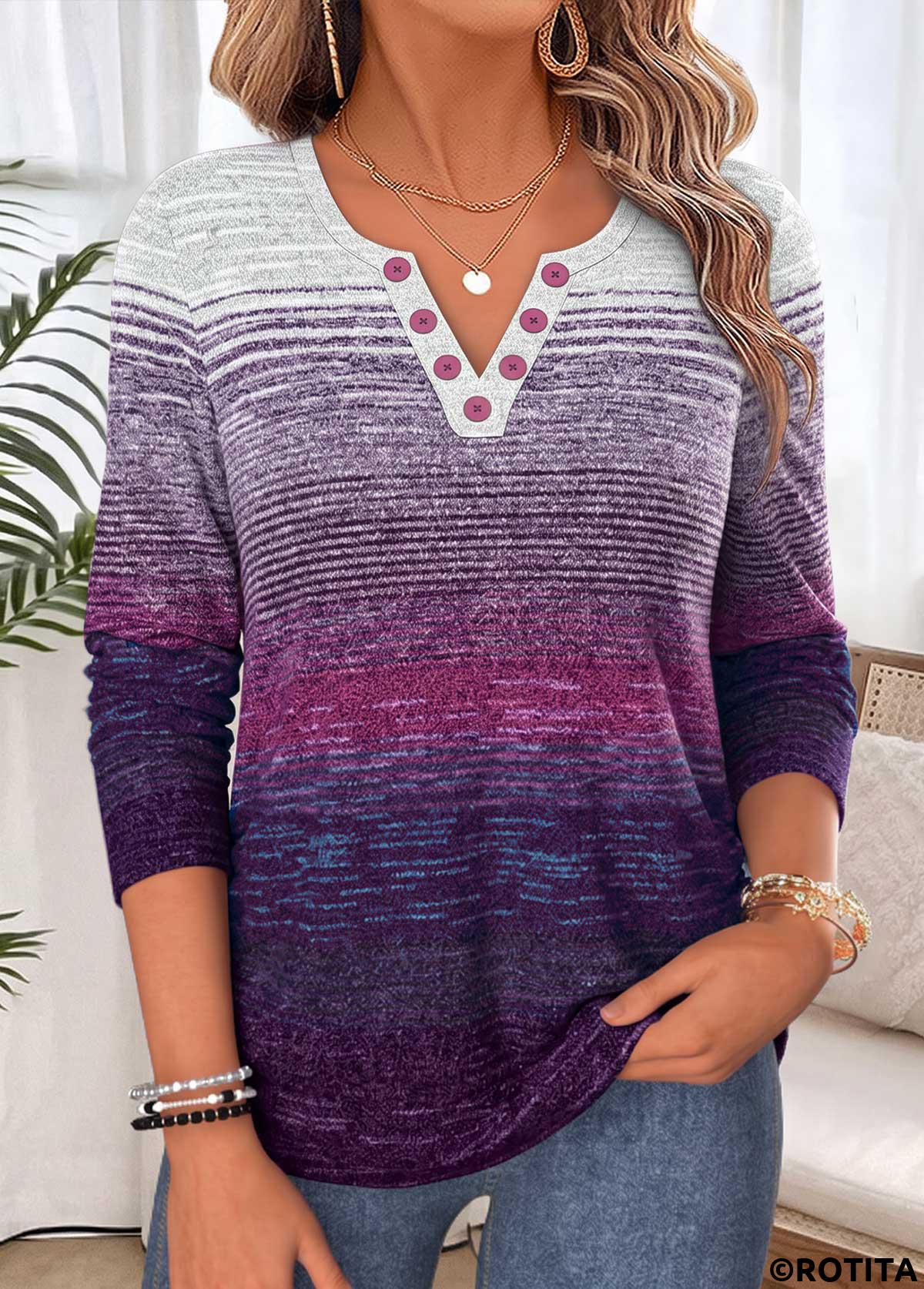 Multi Color tops,Striped tops,Geometric tops,ROTITA Tummy Coverage Striped Multi Color Split Neck T Shirt