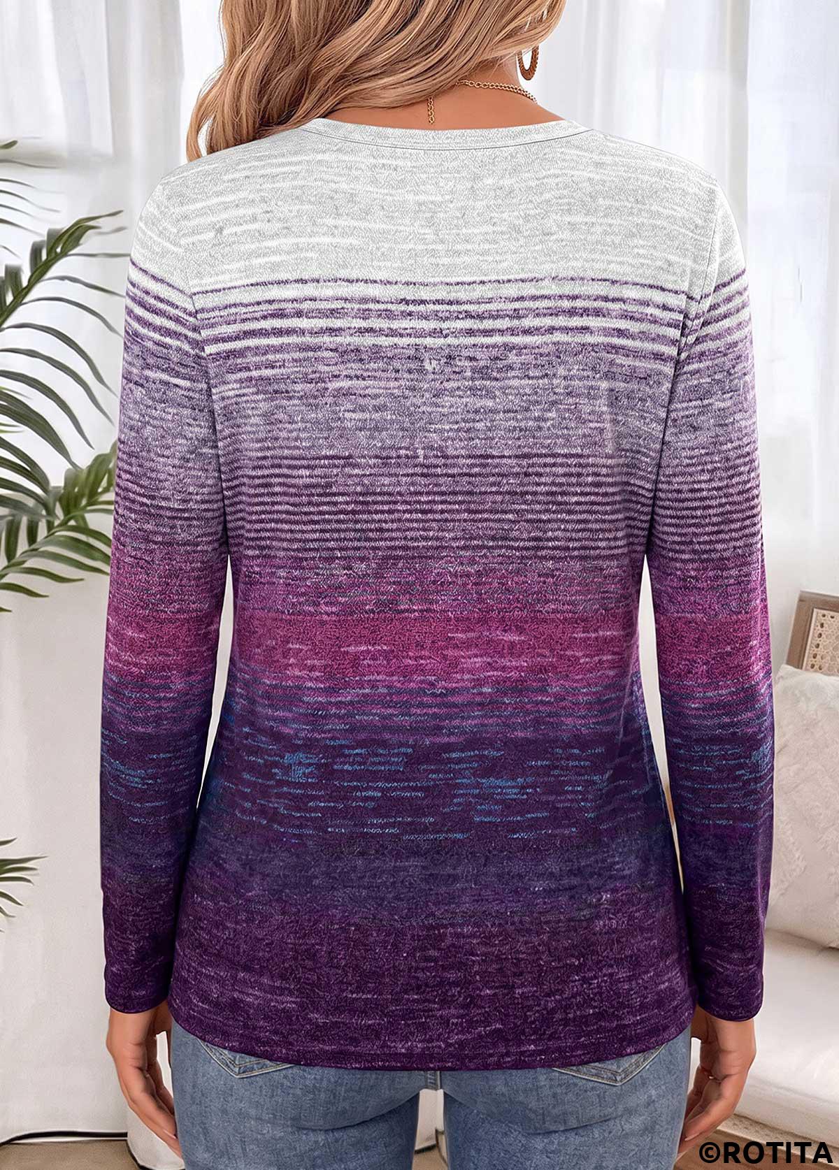 Multi Color tops,Striped tops,Geometric tops,ROTITA Tummy Coverage Striped Multi Color Split Neck T Shirt