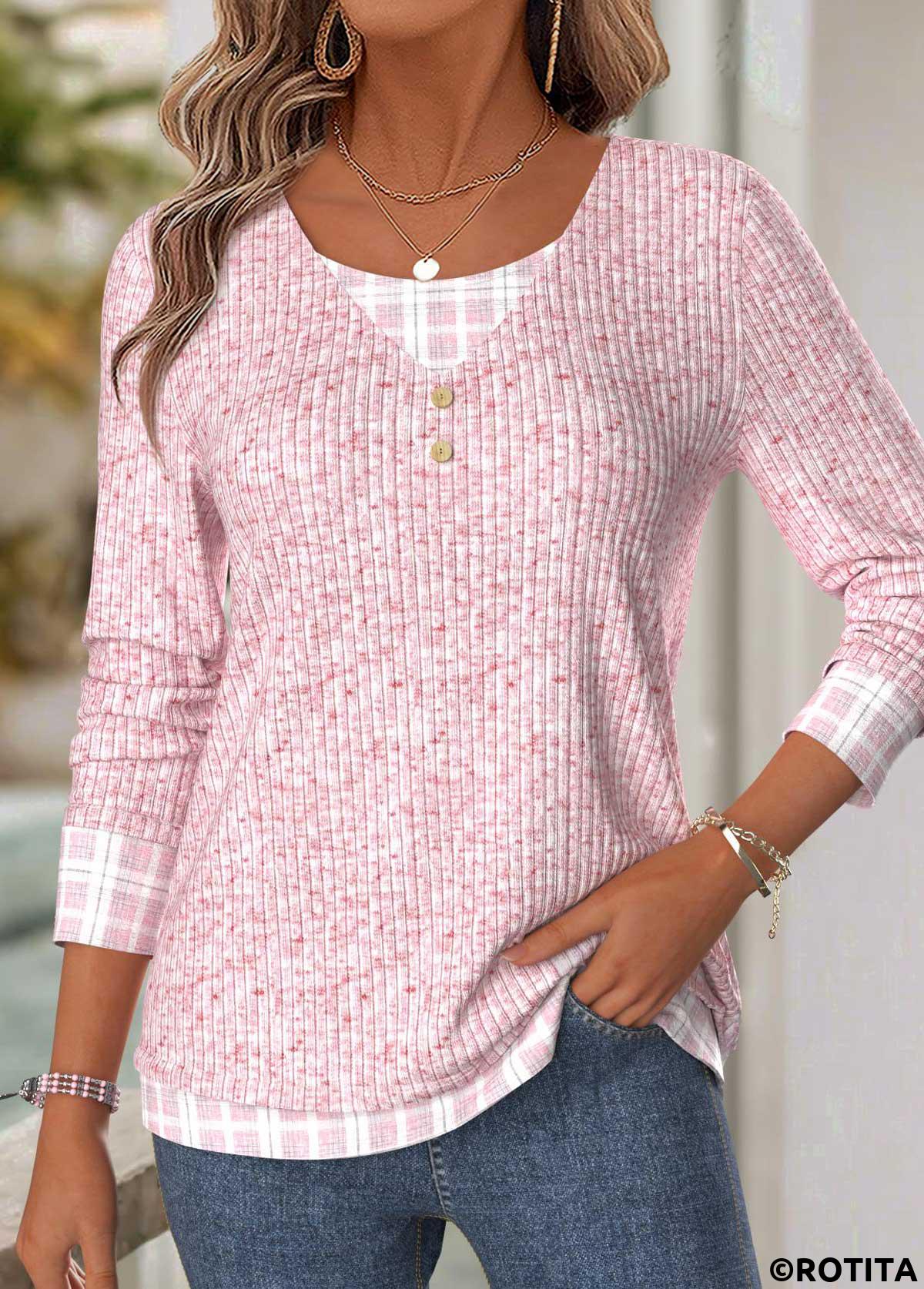 Pink tops,Plaid tops,Geometric tops,ROTITA Plaid Light Blue V Neck Long Sleeve T Shirt
