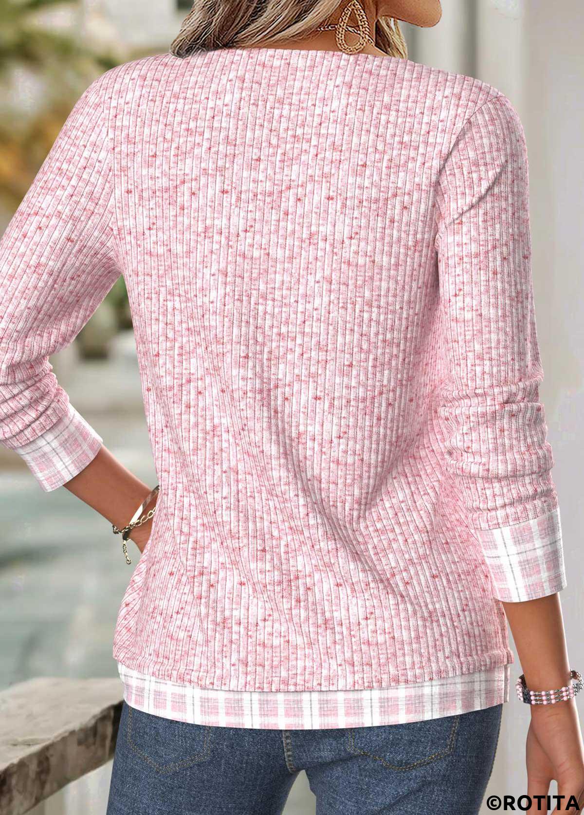 Pink tops,Plaid tops,Geometric tops,ROTITA Plaid Light Blue V Neck Long Sleeve T Shirt