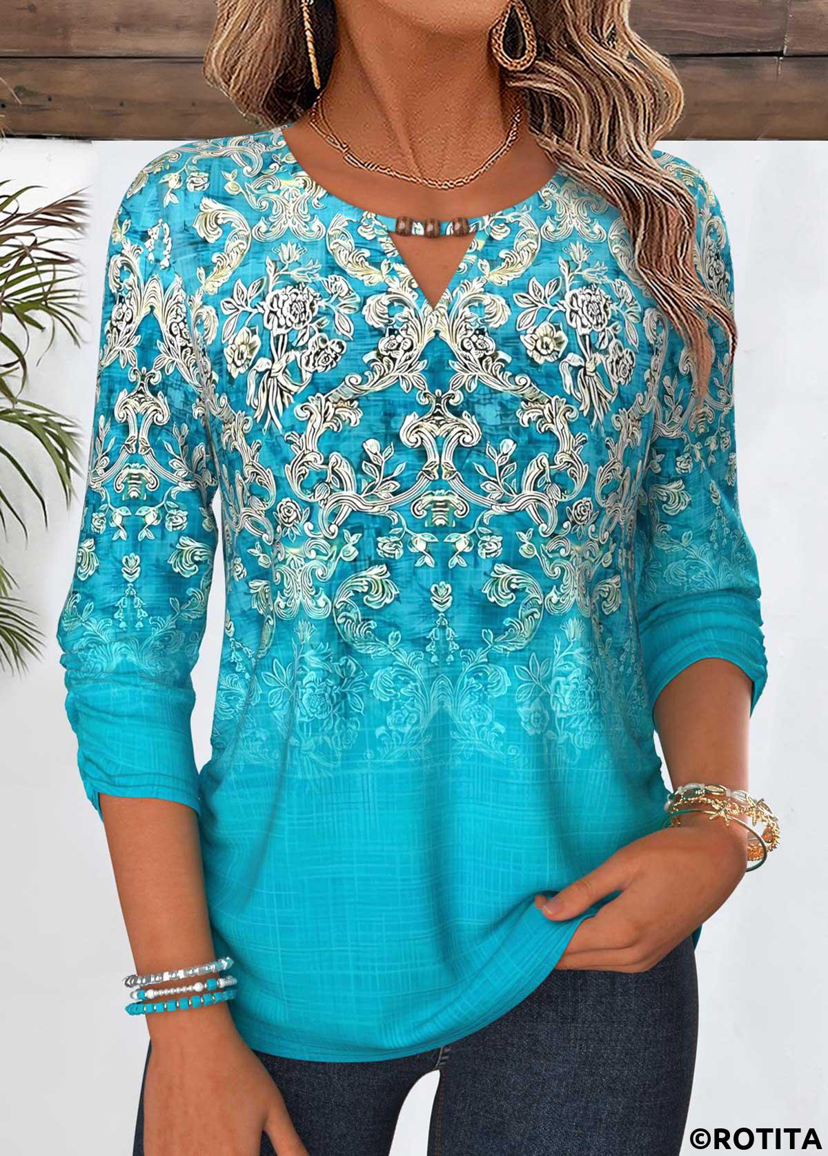 Cyan tops,Tribal tops,ROTITA Shirred Tribal Print Cyan 3/4 Sleeve Blouse