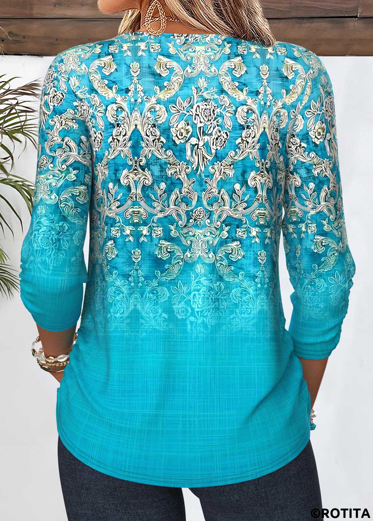 Cyan tops,Tribal tops,ROTITA Shirred Tribal Print Cyan 3/4 Sleeve Blouse