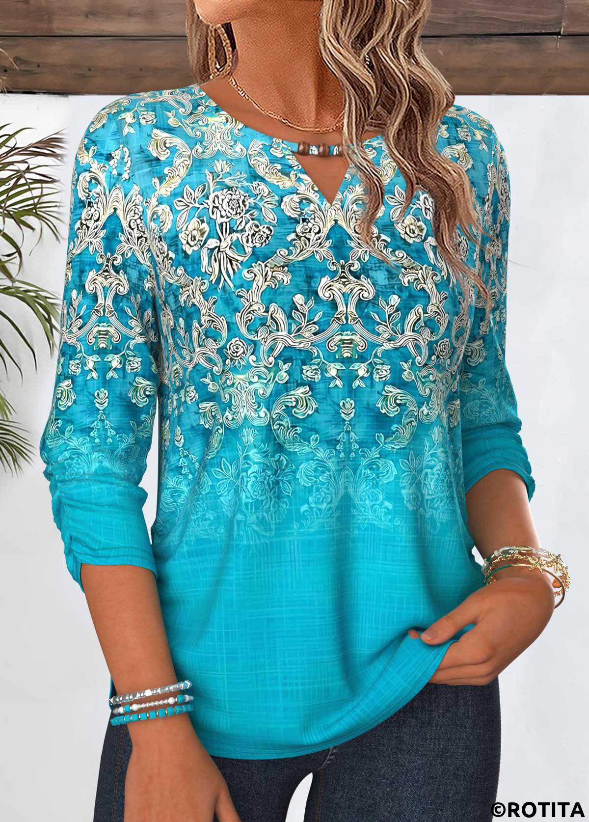 Cyan tops,Tribal tops,ROTITA Shirred Tribal Print Cyan 3/4 Sleeve Blouse