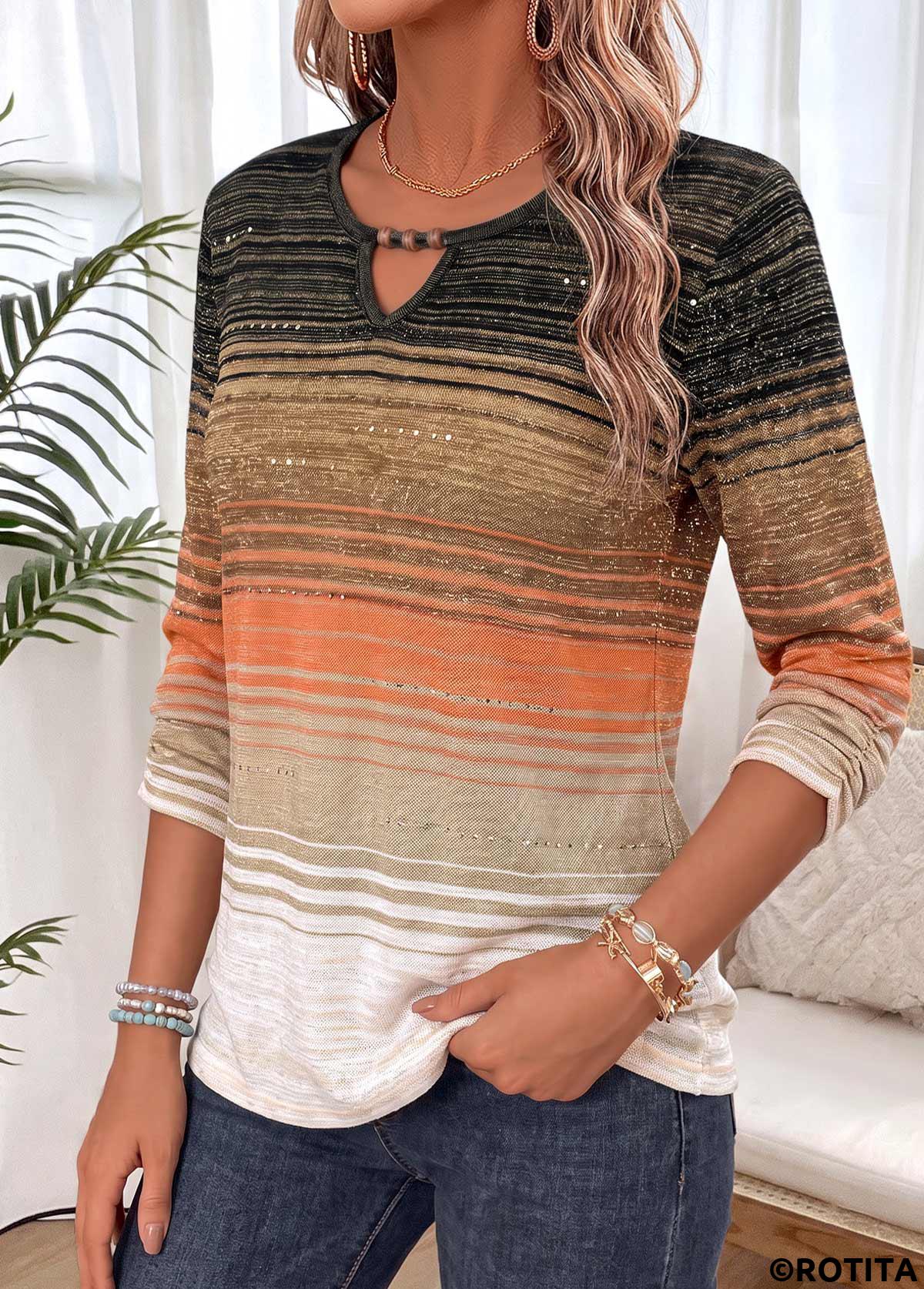Multi Color tops,Ombre tops,ROTITA Shirred Ombre Multi Color 3/4 Sleeve Blouse