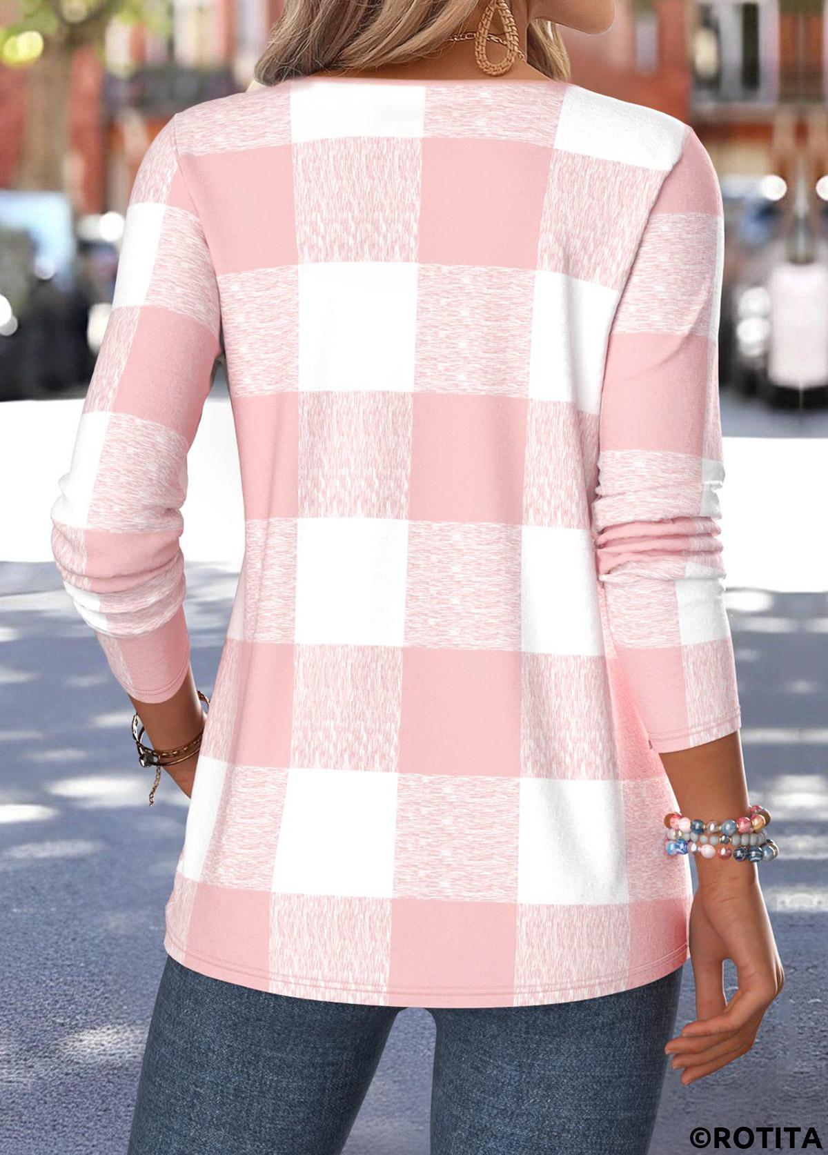Light Pink tops,Plaid tops,Geometric tops,ROTITA Curved Hem Plaid Light Pink Split Neck T Shirt