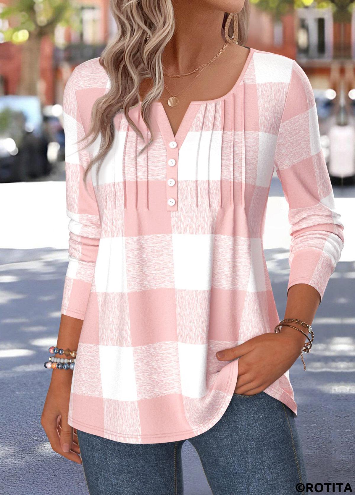 Light Pink tops,Plaid tops,Geometric tops,ROTITA Curved Hem Plaid Light Pink Split Neck T Shirt