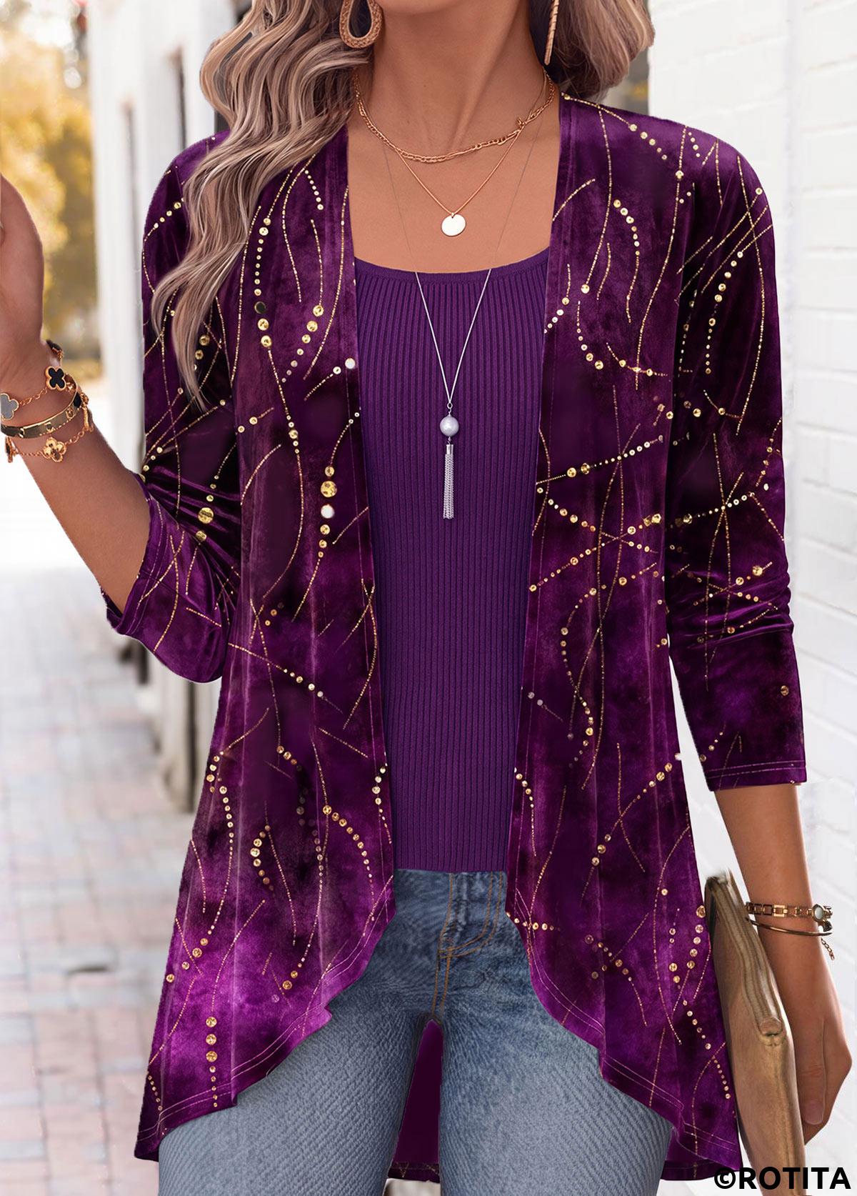 Purple tops,Geometric tops,ROTITA Geometric Print Purple Long Sleeve Fake Two Piece Twinset