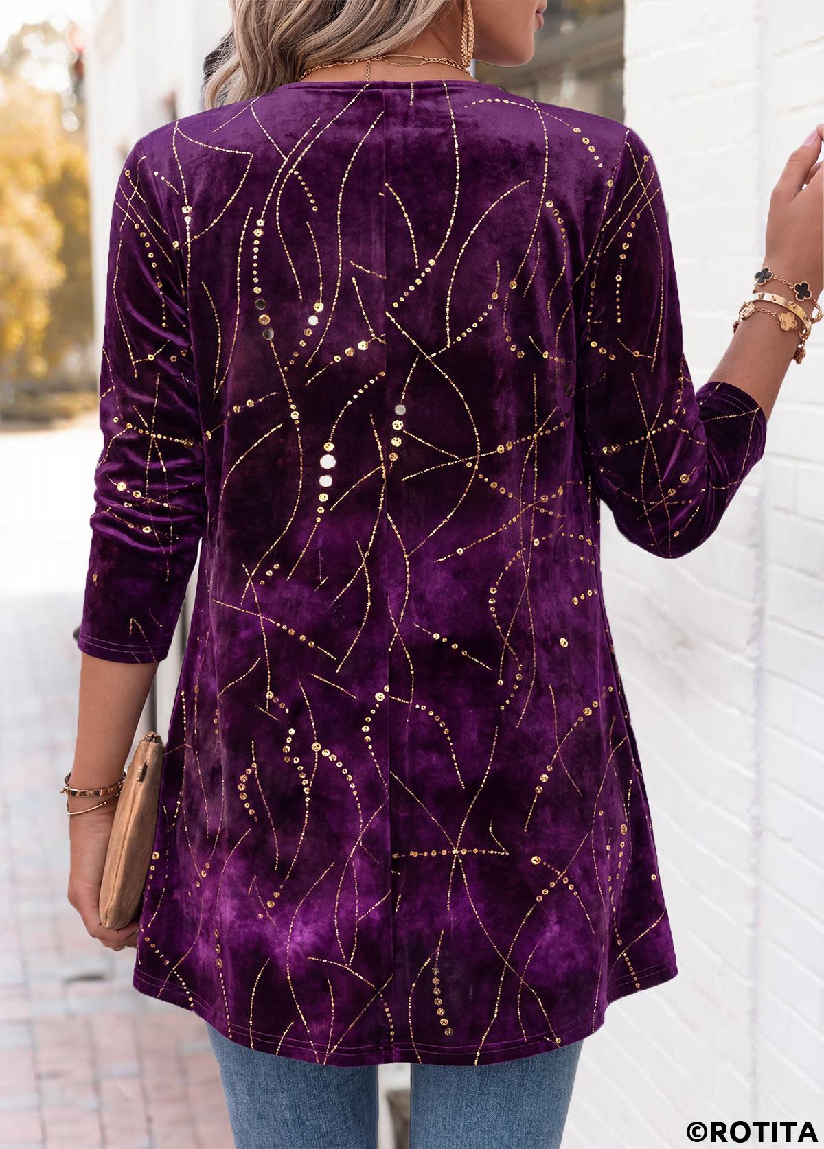 Purple tops,Geometric tops,ROTITA Geometric Print Purple Long Sleeve Fake Two Piece Twinset