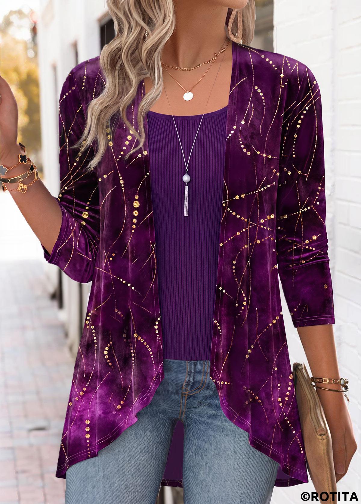 Purple tops,Geometric tops,ROTITA Geometric Print Purple Long Sleeve Fake Two Piece Twinset