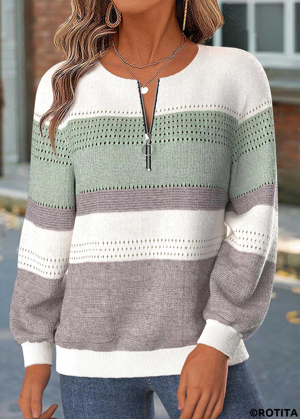 Mint Green tops,Striped tops,Geometric tops,ROTITA Tummy Coverage Striped Mint Green Long Sleeve Sweatshirt