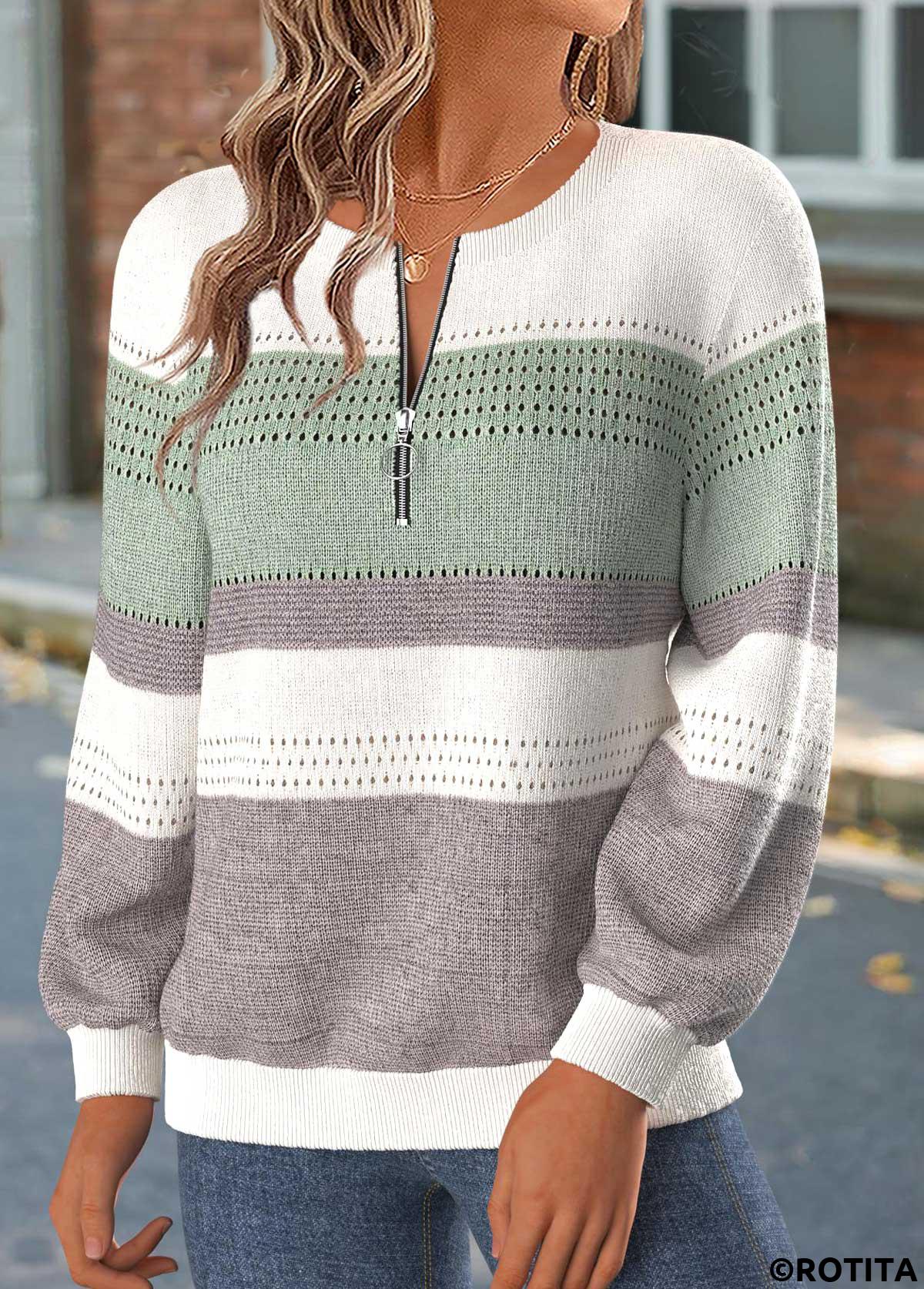 Mint Green tops,Striped tops,Geometric tops,ROTITA Tummy Coverage Striped Mint Green Long Sleeve Sweatshirt