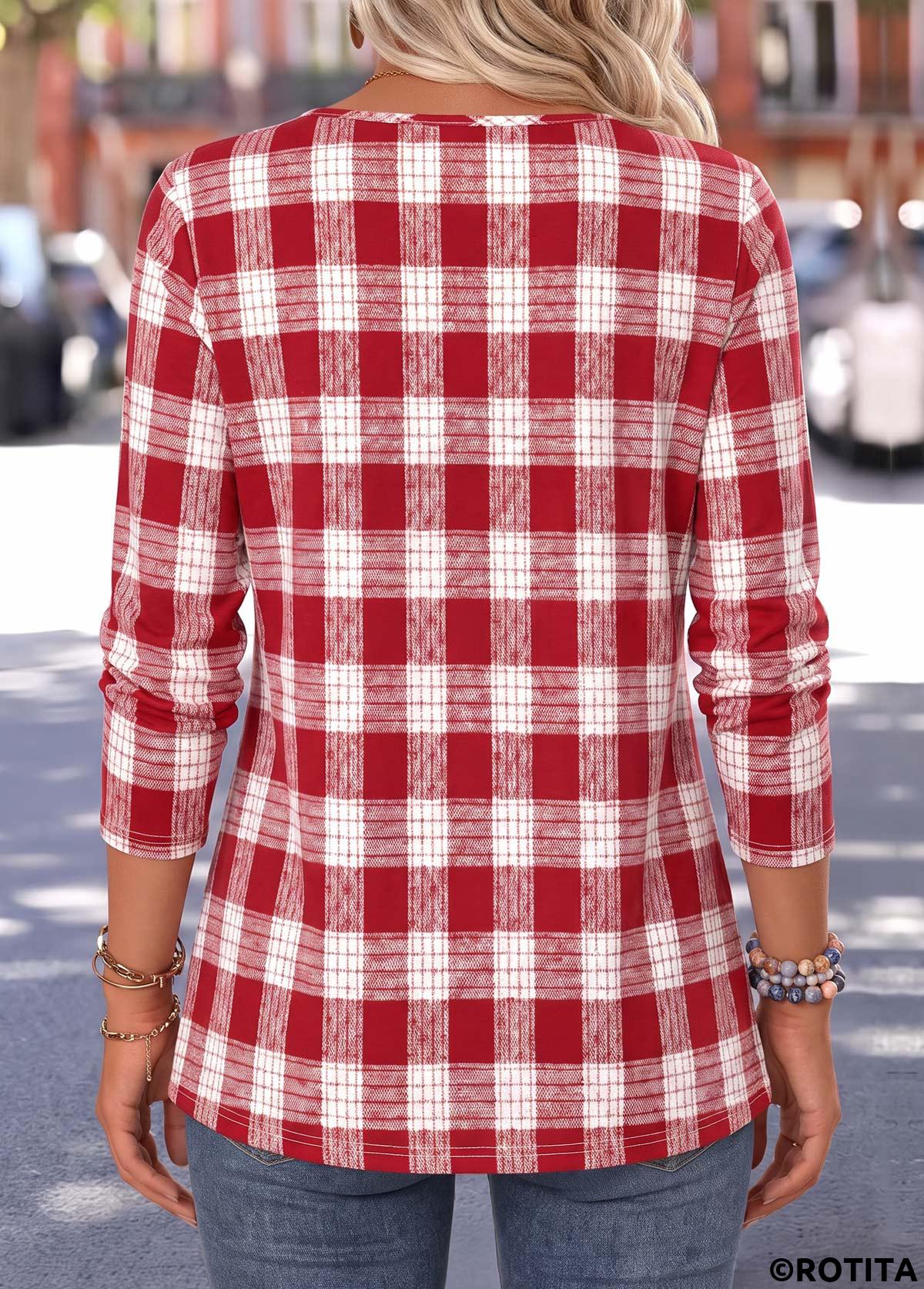 Red tops,Plaid tops,Geometric tops,ROTITA Curved Hem Plaid Red Split Neck T Shirt