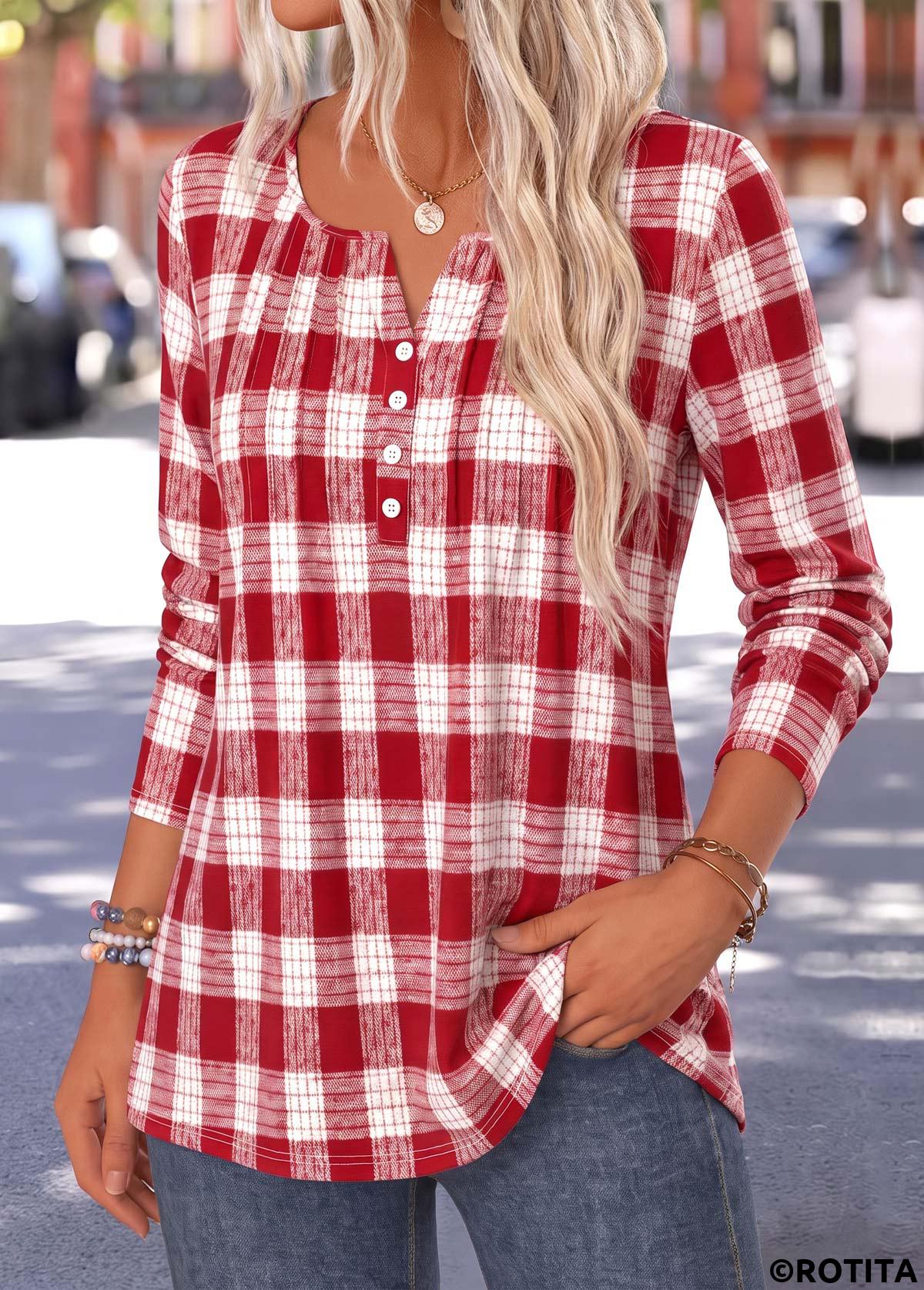 Red tops,Plaid tops,Geometric tops,ROTITA Curved Hem Plaid Red Split Neck T Shirt