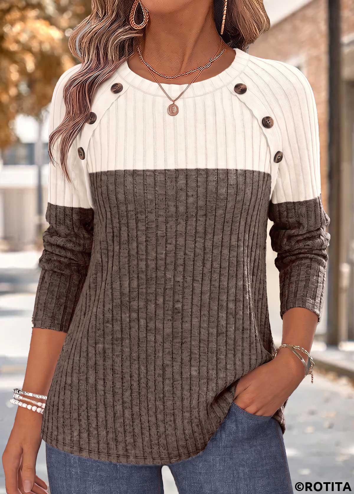 Light Coffee tops,Contrast Color tops,ROTITA Patchwork Light Coffee Round Neck Long Sleeve T Shirt