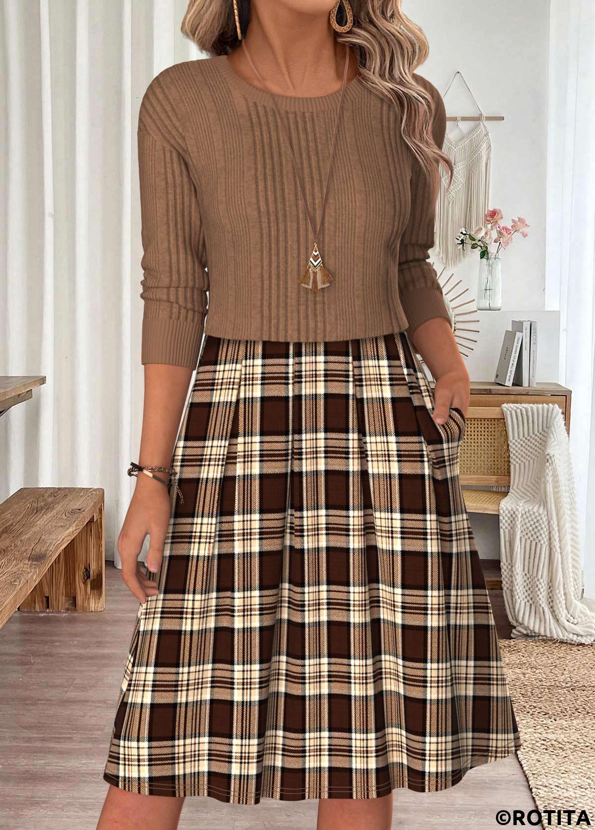 Light Coffee dresses,Plaid dresses,Geometric dresses,Everyday dresses,Casual dresses,ROTITA Light Coffee Plaid Patchwork Round Neck Long Sleeve Dress