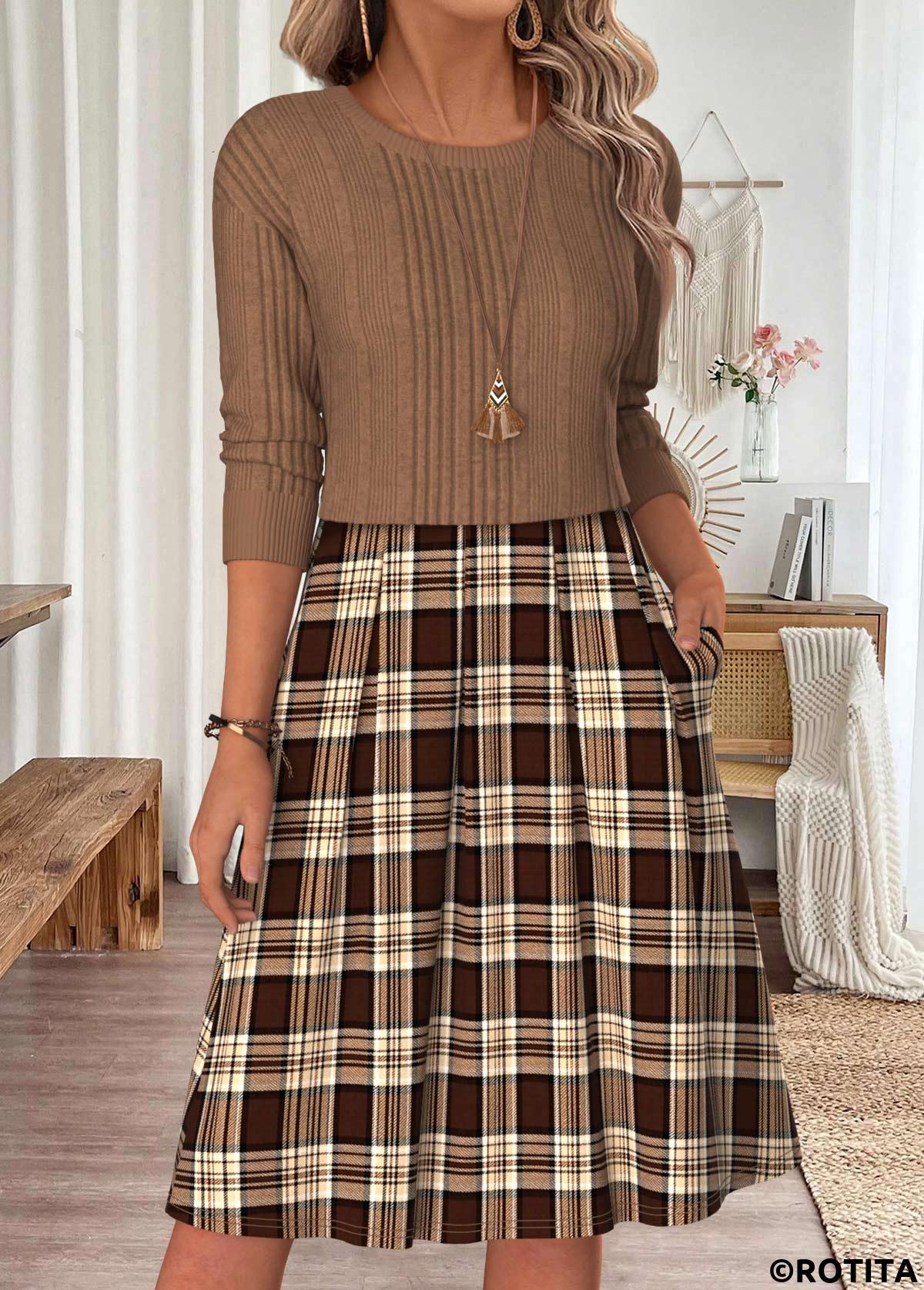 Light Coffee dresses,Plaid dresses,Geometric dresses,Everyday dresses,Casual dresses,ROTITA Light Coffee Plaid Patchwork Round Neck Long Sleeve Dress