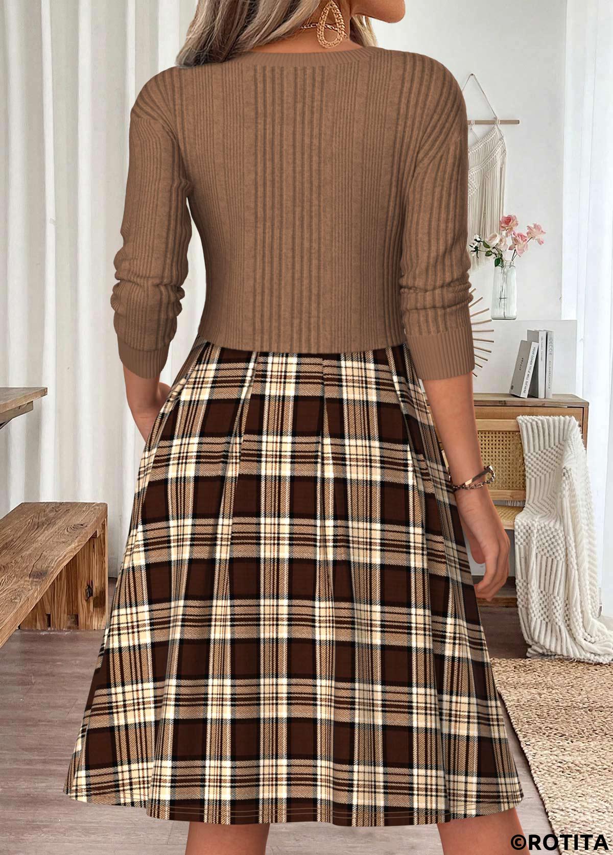 Light Coffee dresses,Plaid dresses,Geometric dresses,Everyday dresses,Casual dresses,ROTITA Light Coffee Plaid Patchwork Round Neck Long Sleeve Dress