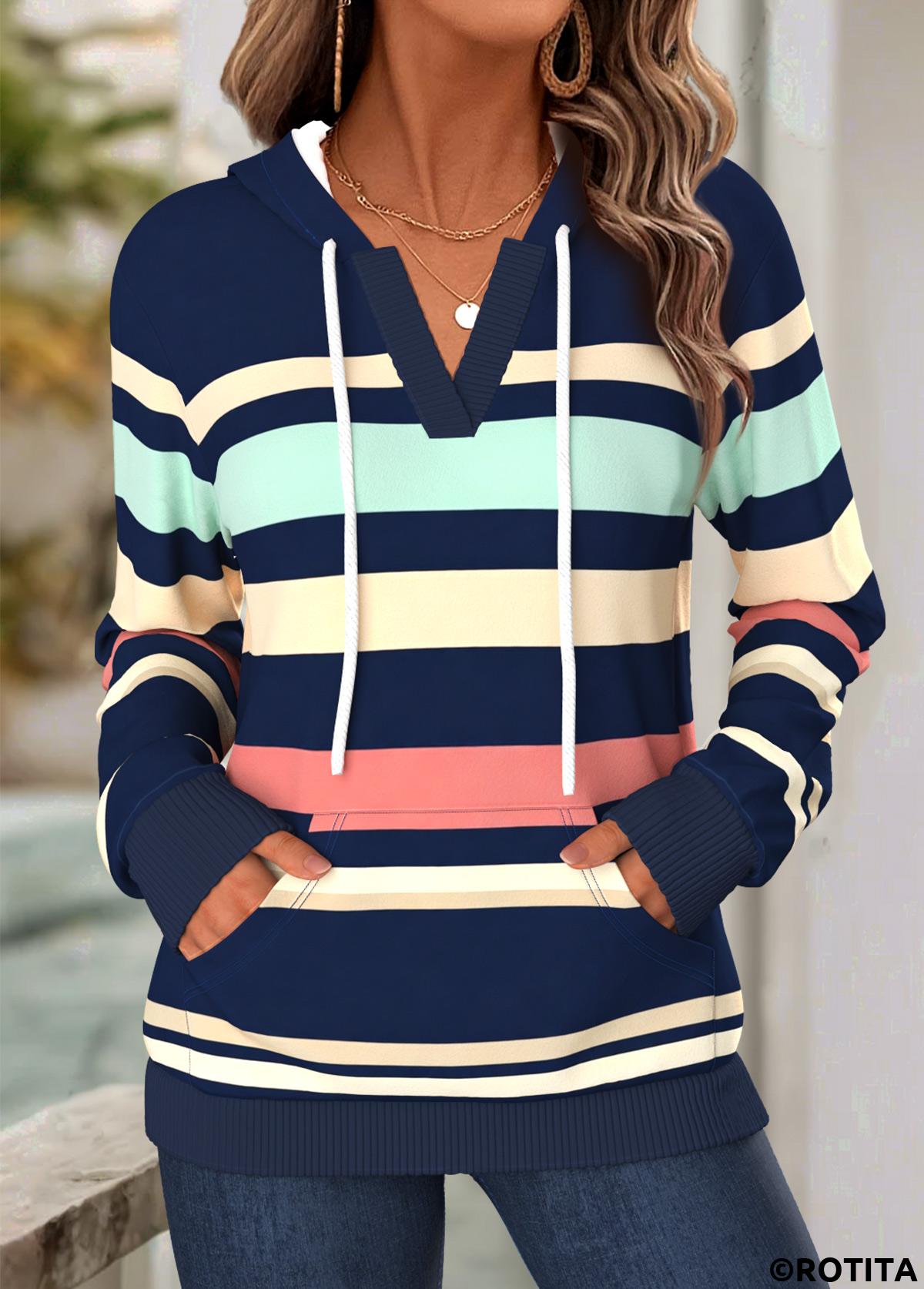 Navy tops,Striped tops,Geometric tops,ROTITA Kangaroo Pocket Striped Navy Split Neck Long Sleeve Hoodie