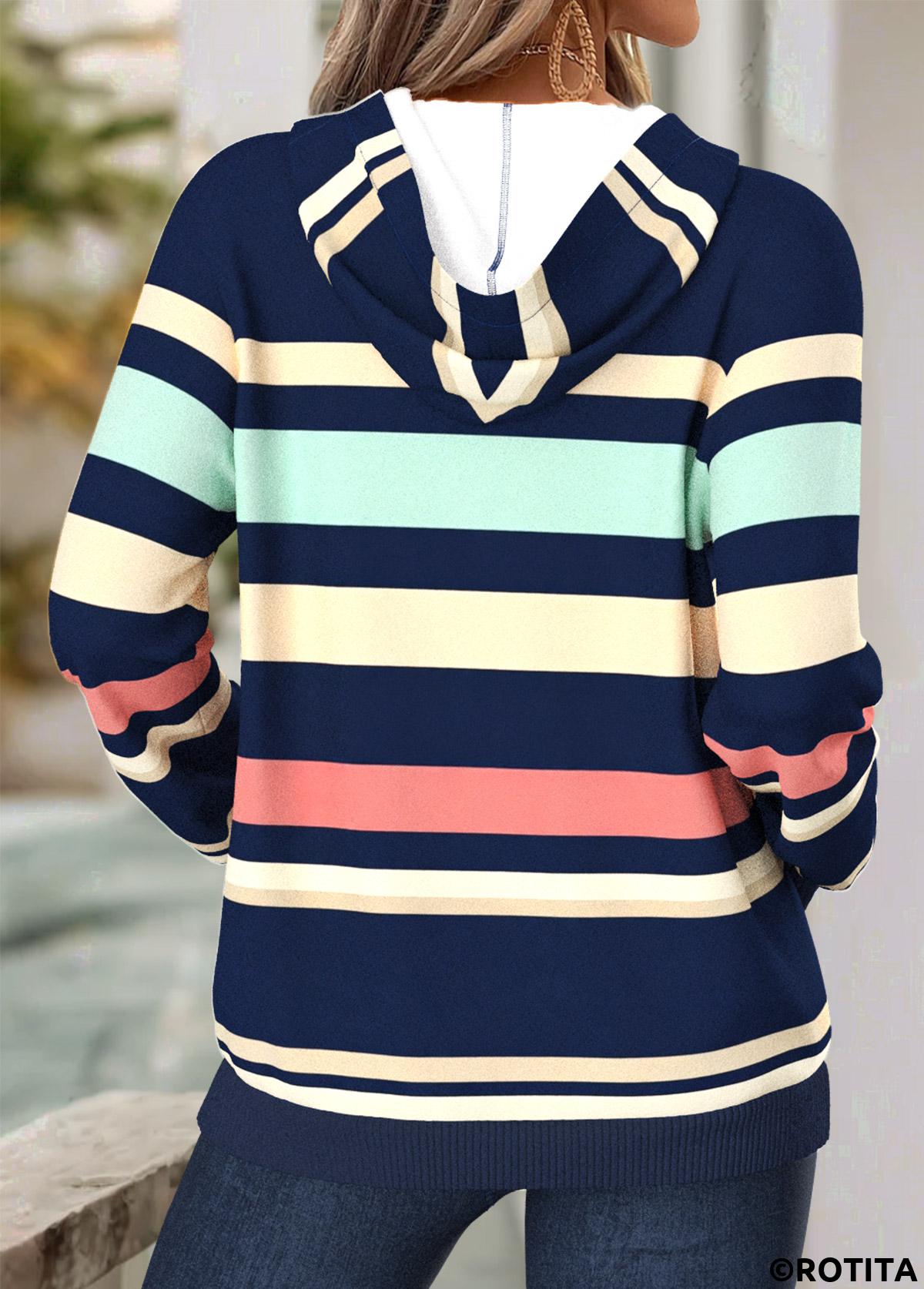Navy tops,Striped tops,Geometric tops,ROTITA Kangaroo Pocket Striped Navy Split Neck Long Sleeve Hoodie