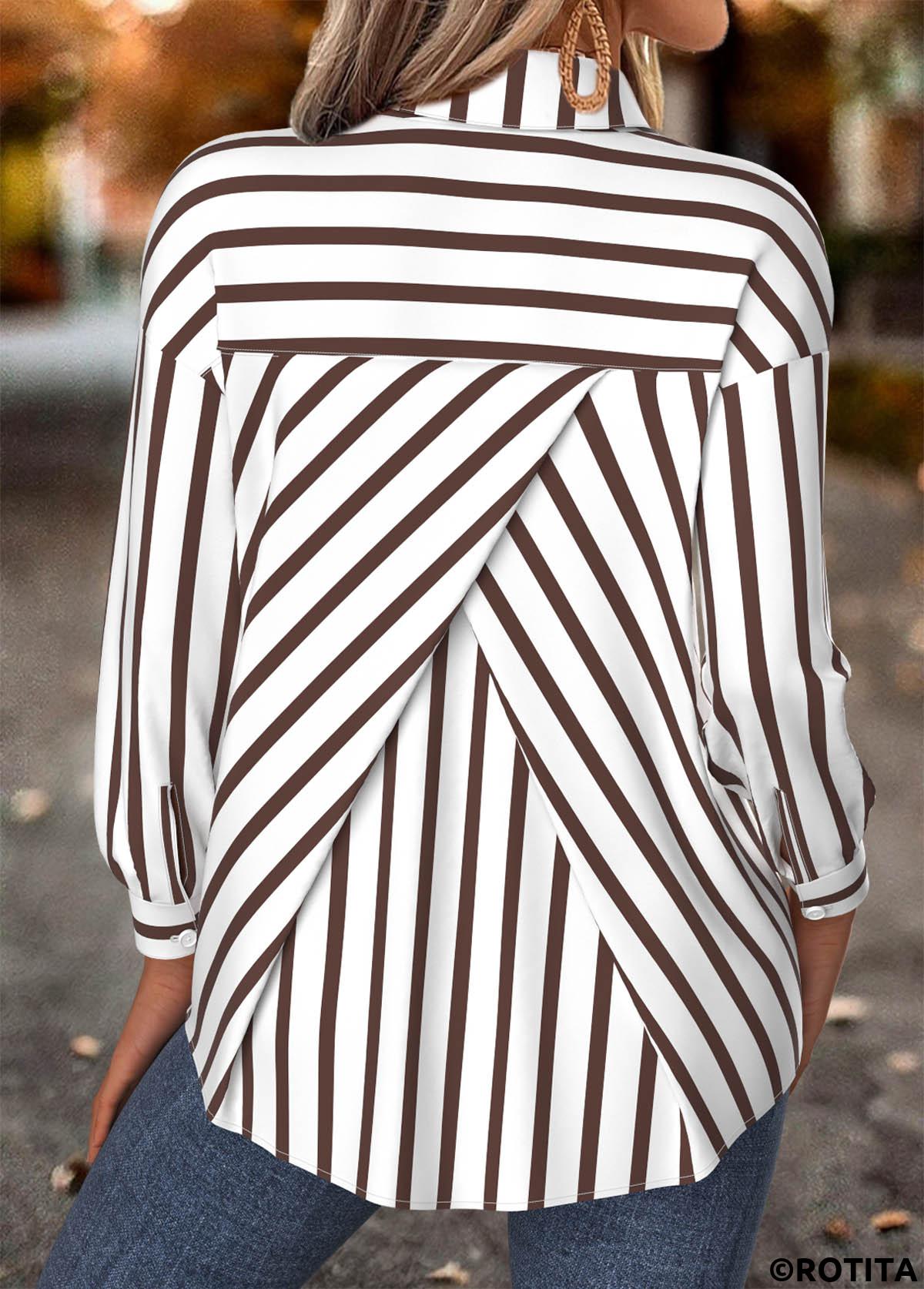 Dark Camel tops,Striped tops,Geometric tops,ROTITA Tummy Coverage Striped Dark Camel Long Sleeve Shirt