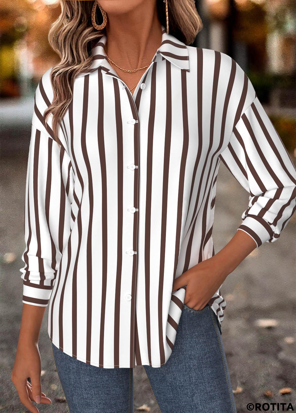 Dark Camel tops,Striped tops,Geometric tops,ROTITA Tummy Coverage Striped Dark Camel Long Sleeve Shirt