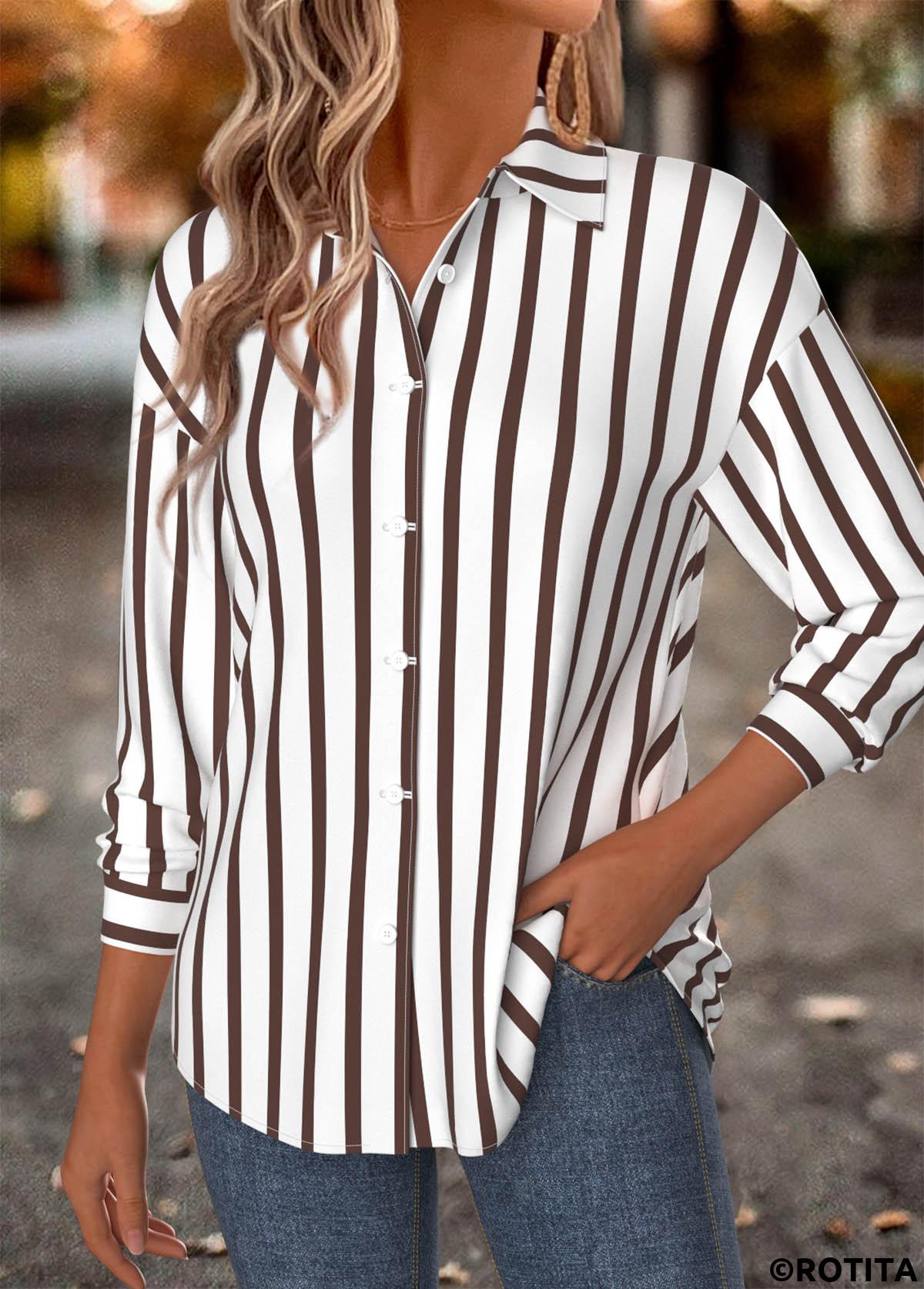 Dark Camel tops,Striped tops,Geometric tops,ROTITA Tummy Coverage Striped Dark Camel Long Sleeve Shirt