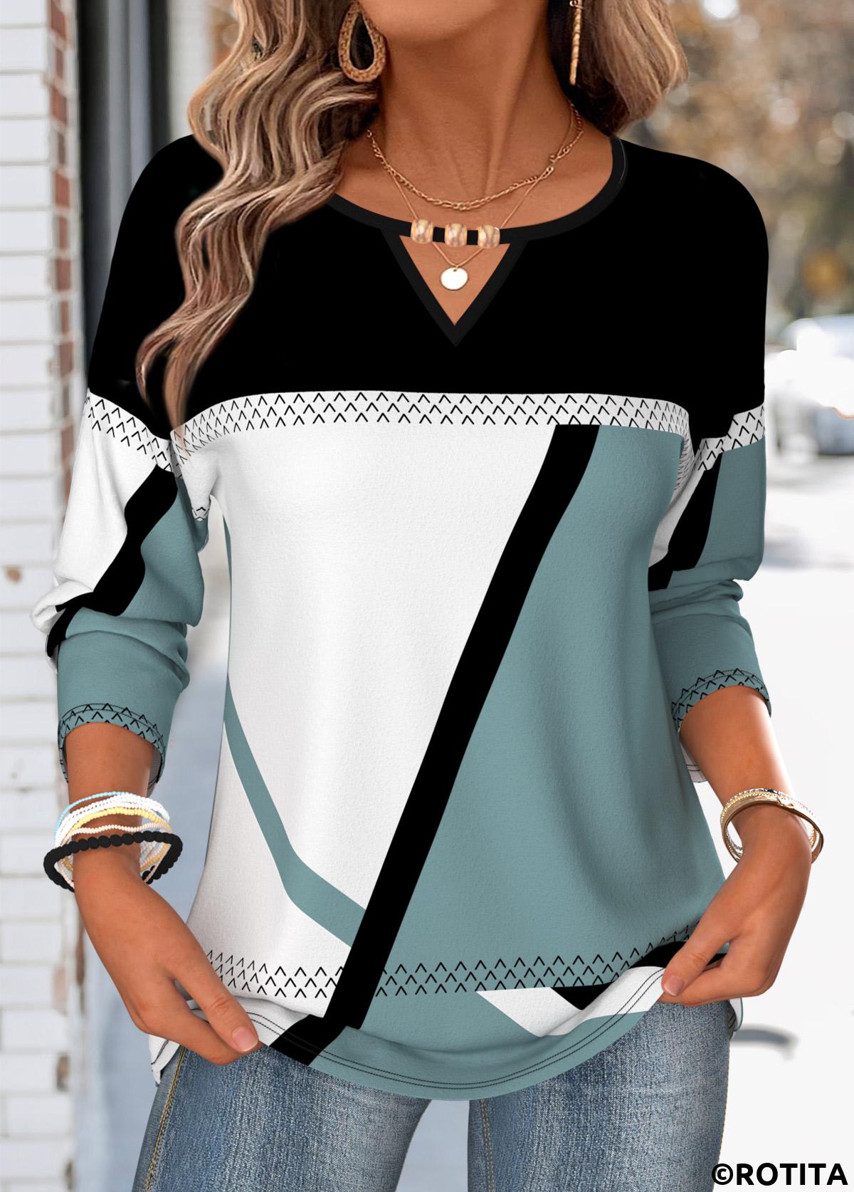 Multi Color tops,Geometric tops,ROTITA Beaded Geometric Print Multi Color Round Neck T Shirt