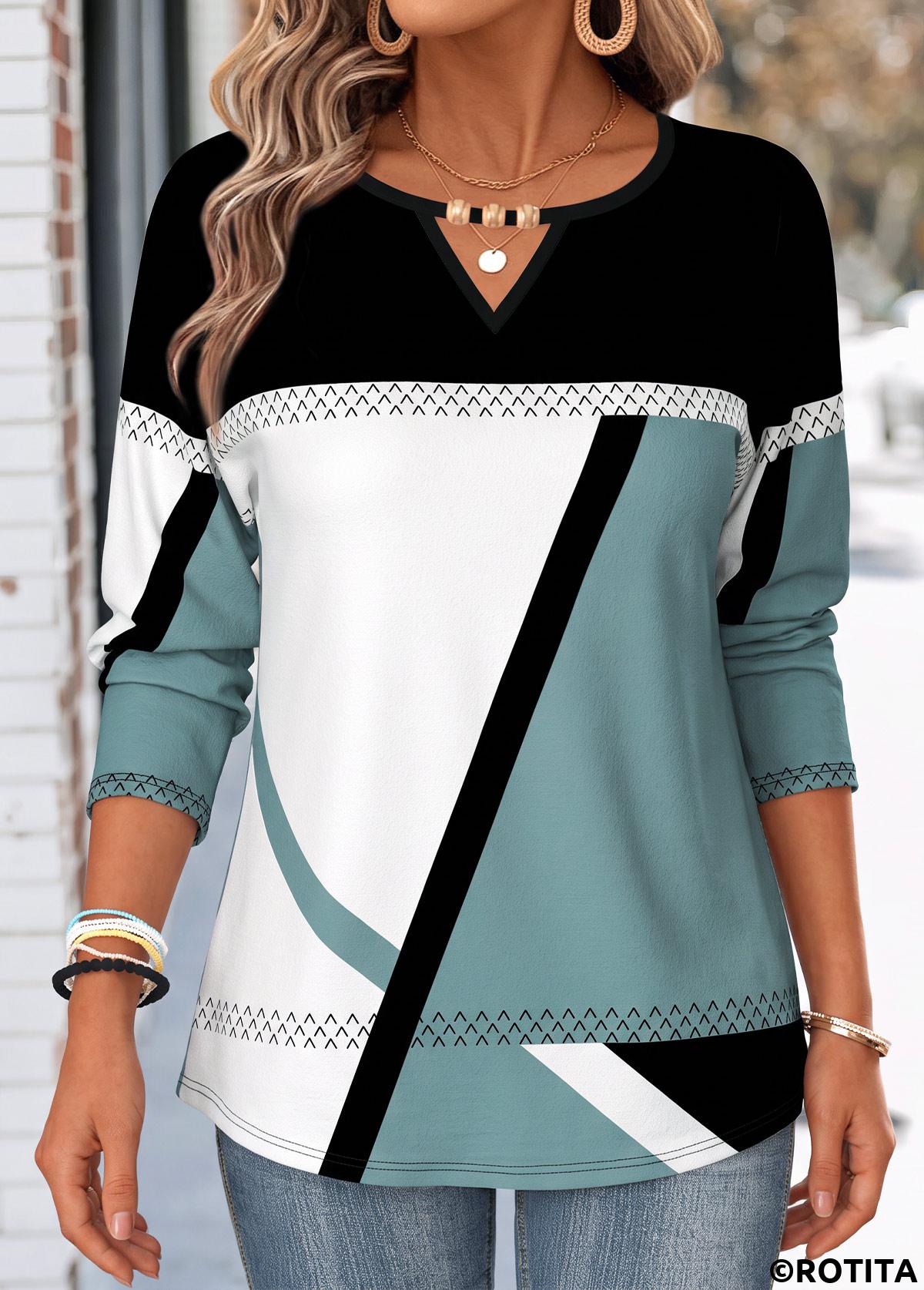 Multi Color tops,Geometric tops,ROTITA Beaded Geometric Print Multi Color Round Neck T Shirt