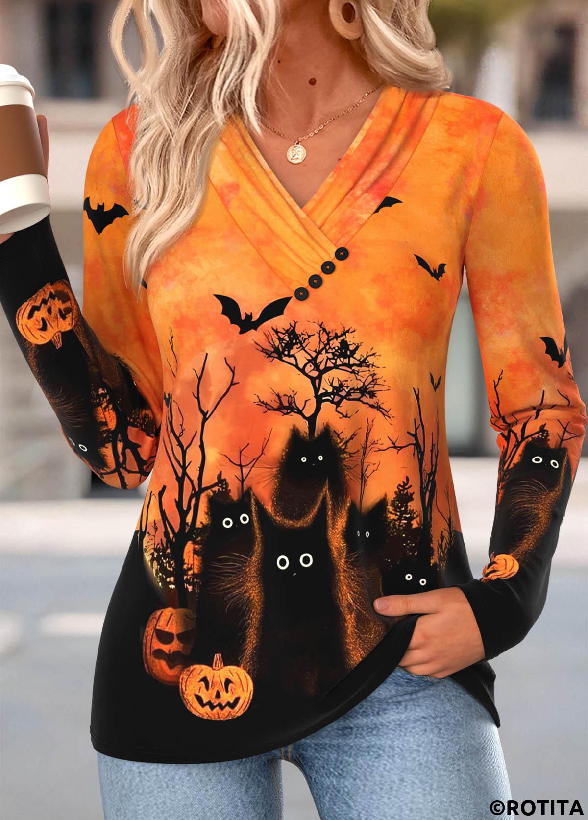 Orange tops,Halloween tops,ROTITA Halloween Shirred Orange V Neck Long Sleeve T Shirt