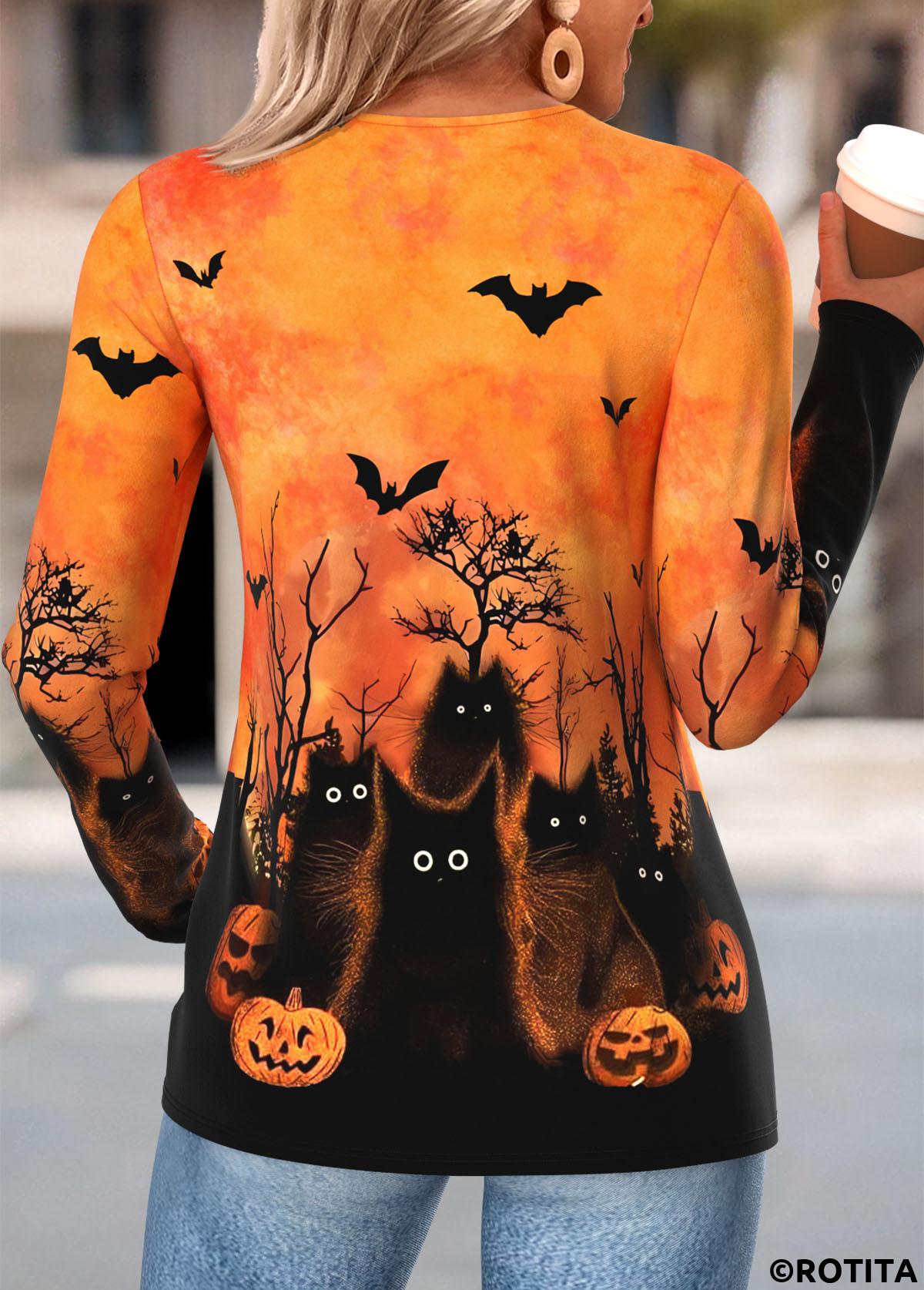 Orange tops,Halloween tops,ROTITA Halloween Shirred Orange V Neck Long Sleeve T Shirt