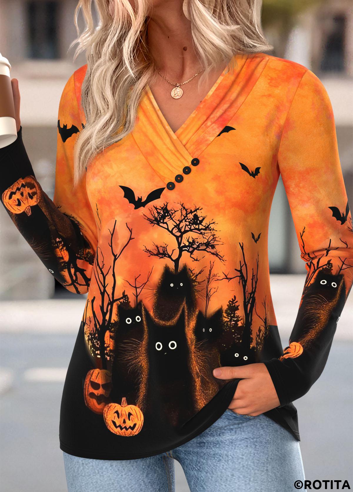 Orange tops,Halloween tops,ROTITA Halloween Shirred Orange V Neck Long Sleeve T Shirt