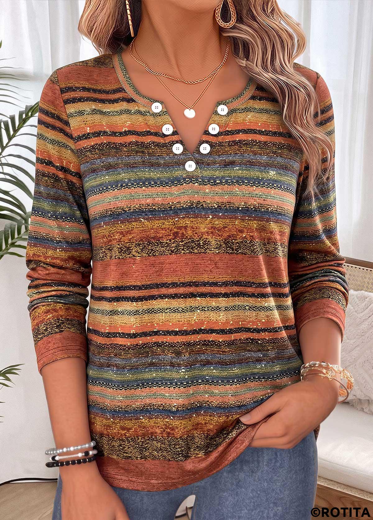 Multi Color tops,Striped tops,Geometric tops,ROTITA Tummy Coverage Striped Multi Color Split Neck T Shirt