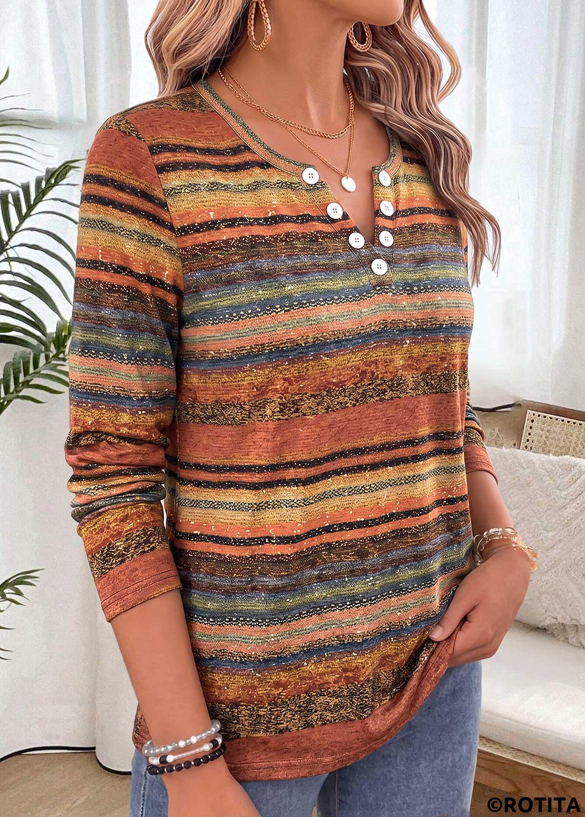 Multi Color tops,Striped tops,Geometric tops,ROTITA Tummy Coverage Striped Multi Color Split Neck T Shirt