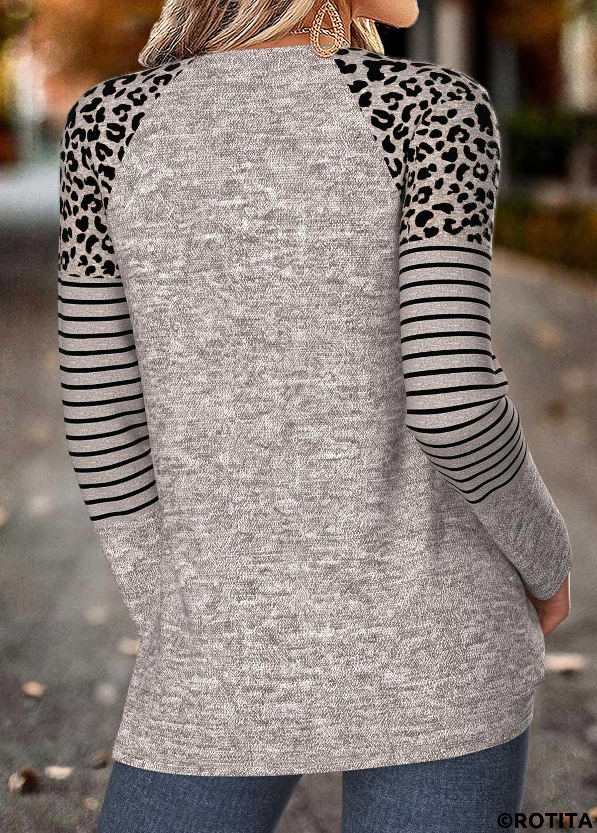 Gray Brown tops,Halloween tops,ROTITA Halloween Curved Hem Gray Brown Split Neck T Shirt